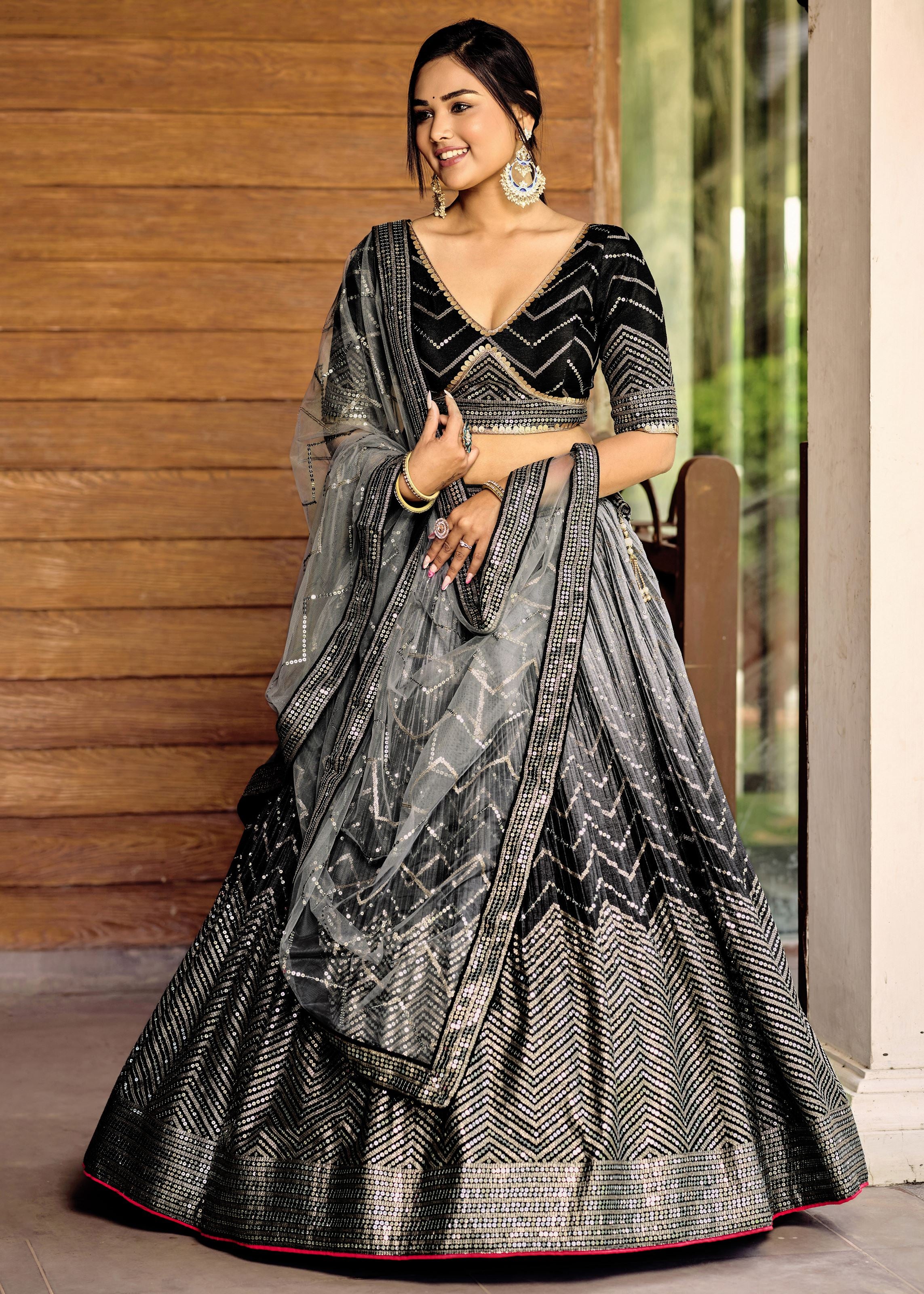 Black Chinon Lehenga Choli With Sequins, Thread Embroidery Work