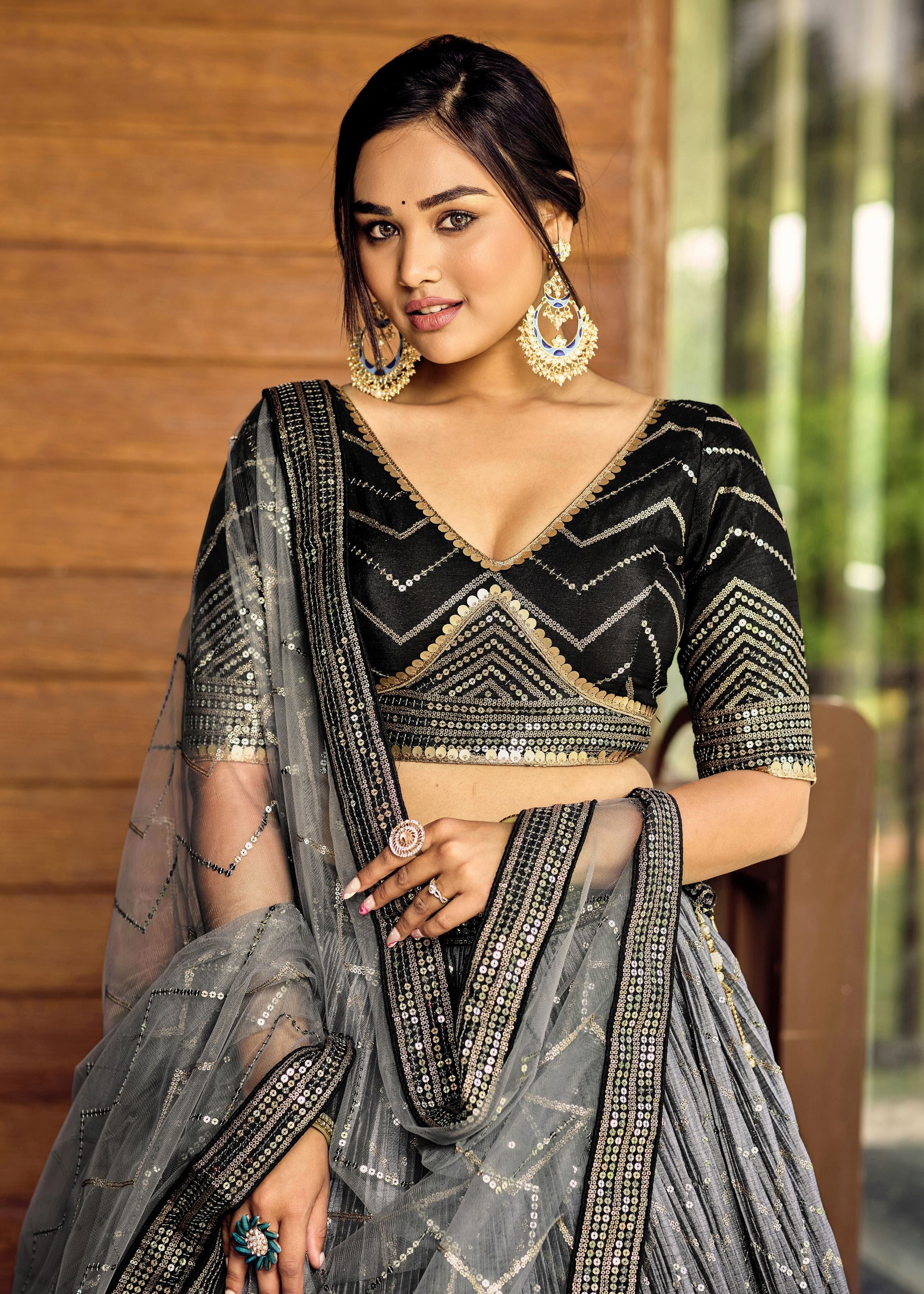 Black Chinon Lehenga Choli With Sequins, Thread Embroidery Work