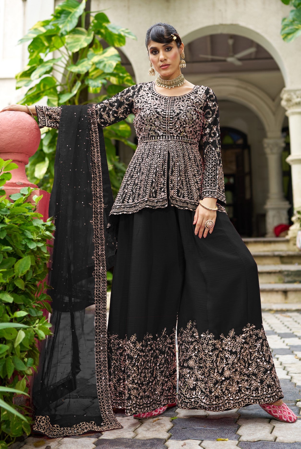 Black Chinon Silk Salwar Suit With Real Mirror Work