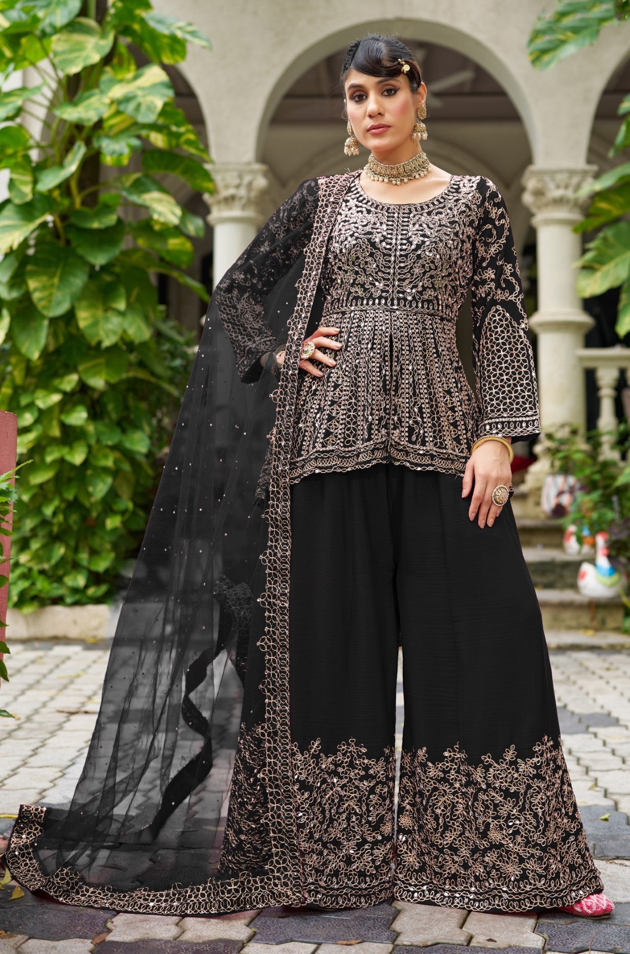 Black Chinon Silk Salwar Suit With Real Mirror Work