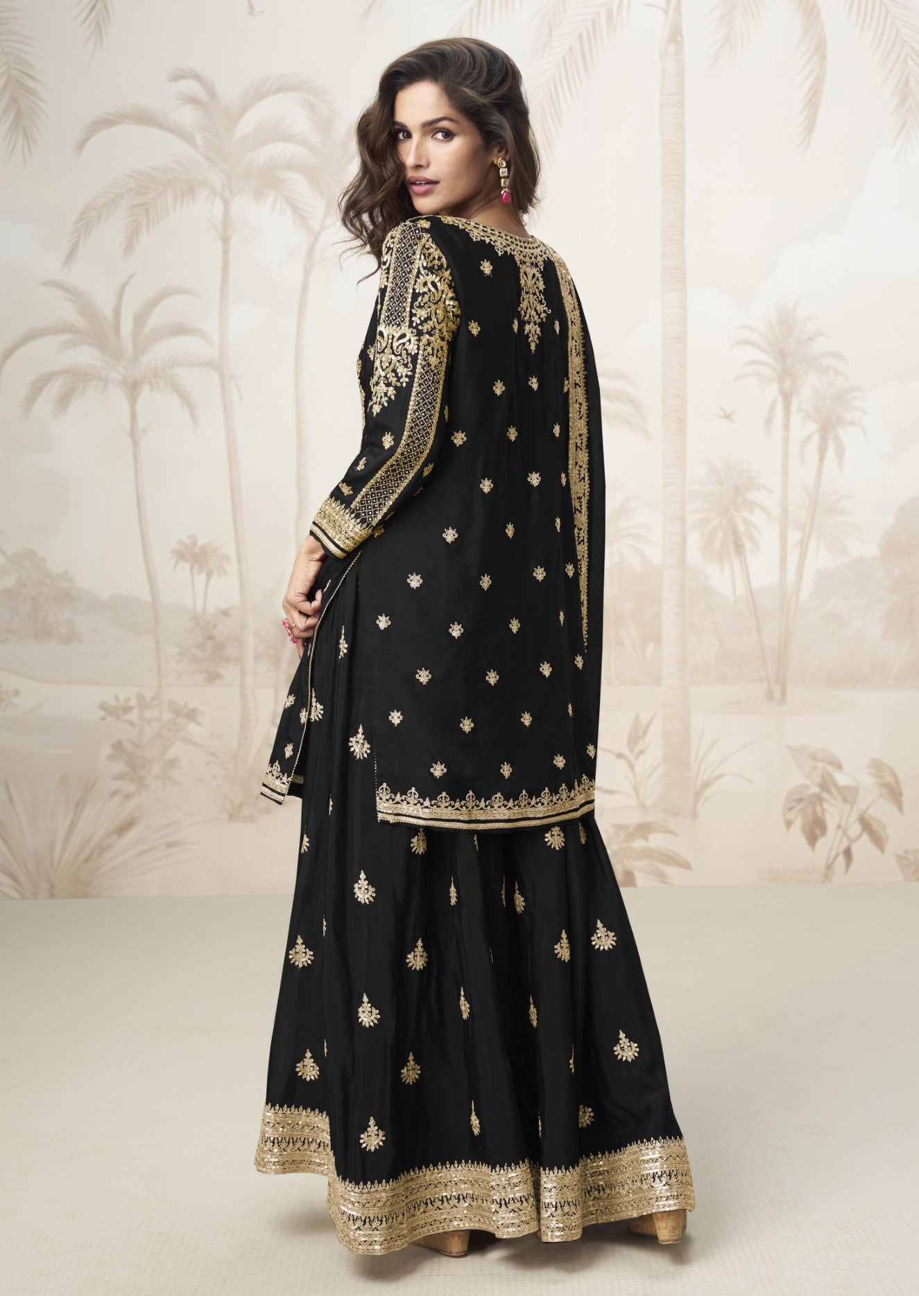 Black Chinon Silk Salwar Suit With Zari Sequin Embroidery