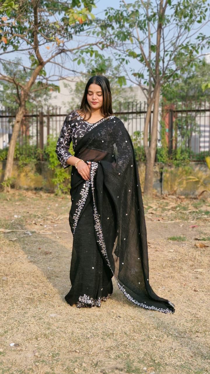 Black Colour Candy Crush Silk Embroidery Work Saree
