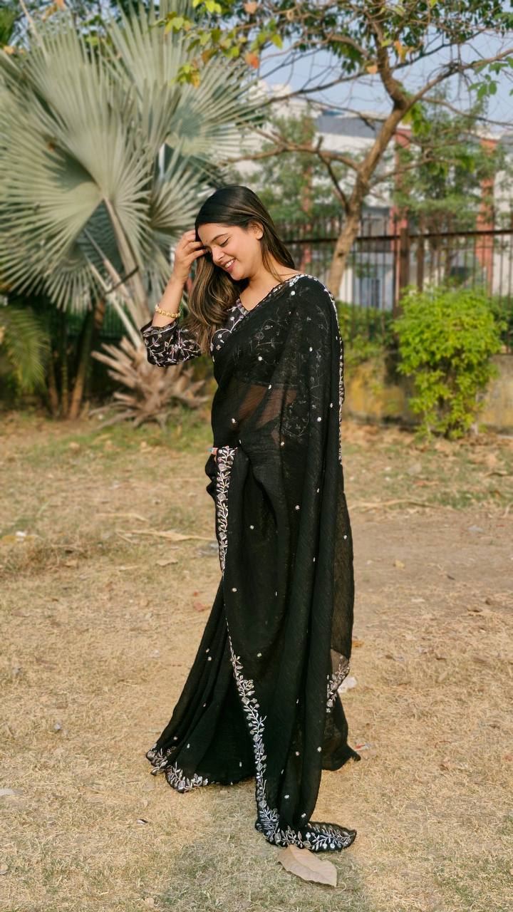 Black Colour Candy Crush Silk Embroidery Work Saree