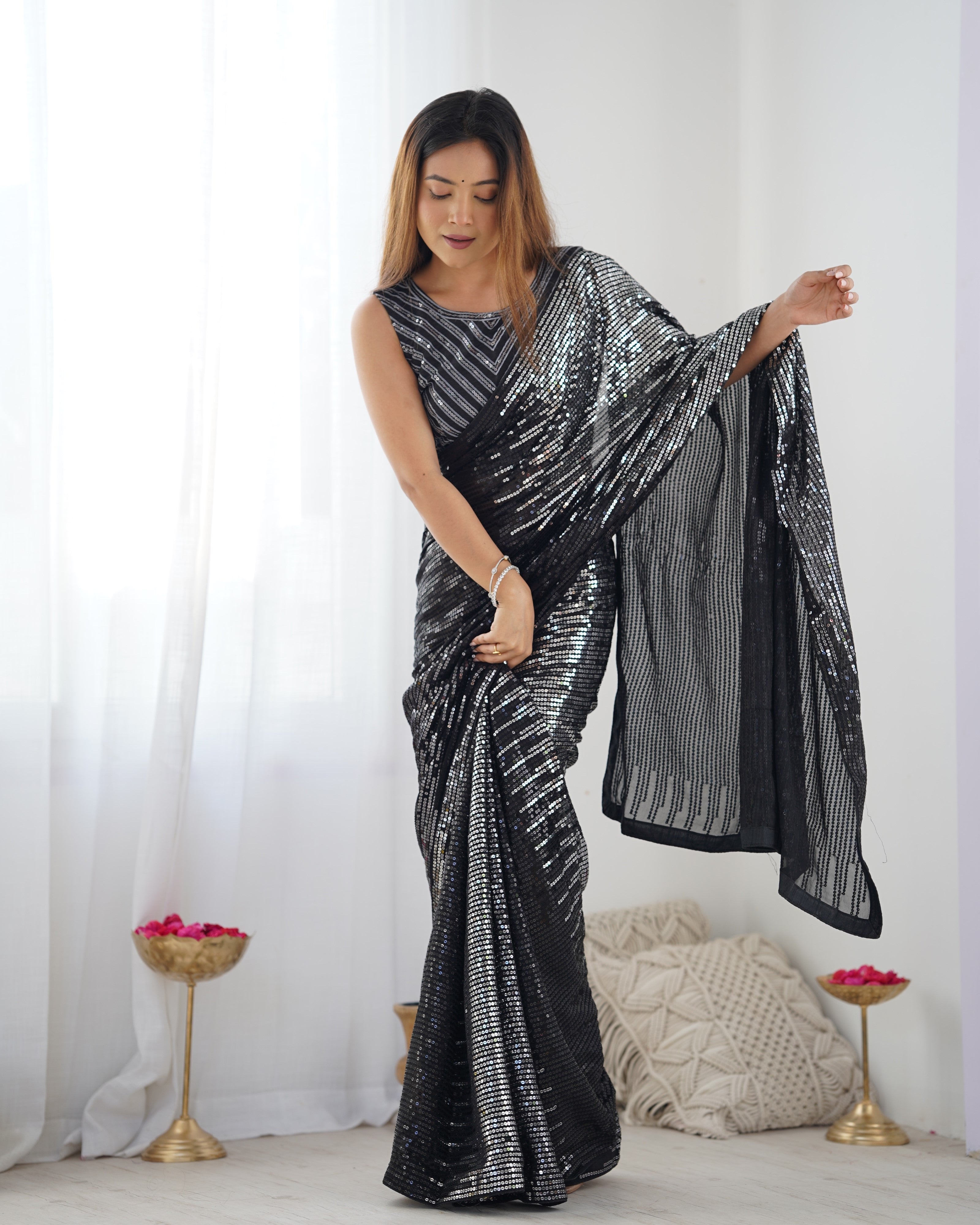 Black Designer Bollywood Looks Georgette Fabric Saree For Party Looks