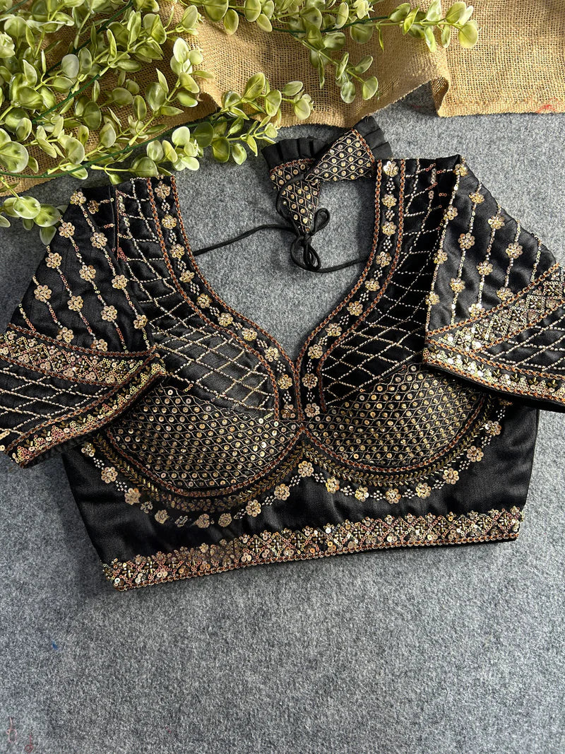 Black Designer Bridal Blouse with Heavy Stars, Beads & Sequins Work Italian Silk
