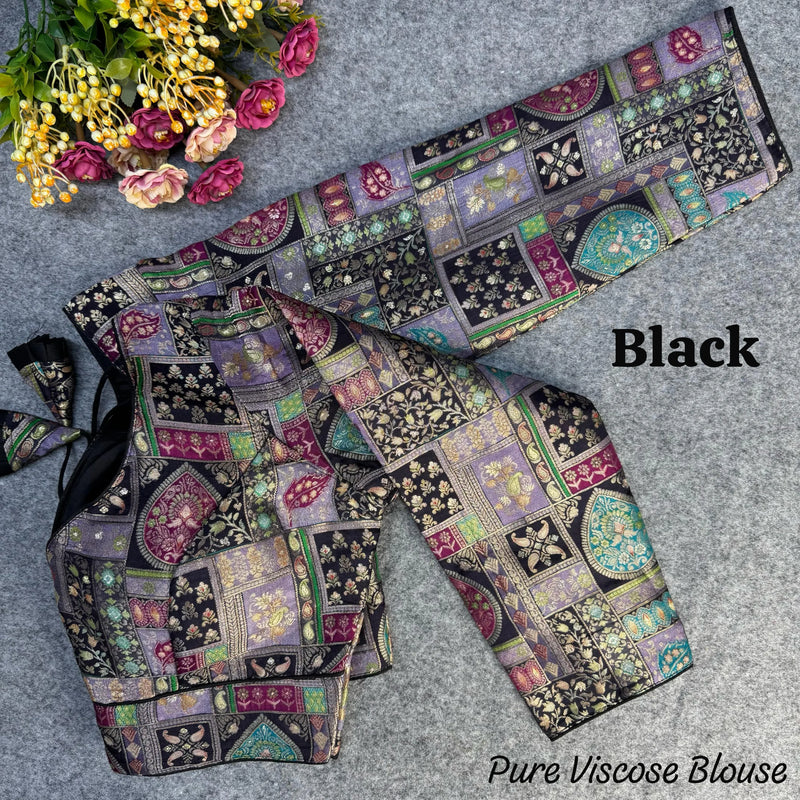 Black Designer Vintage Blouse in Pure Viscose Jacquard with Long Sleeves & Position Print