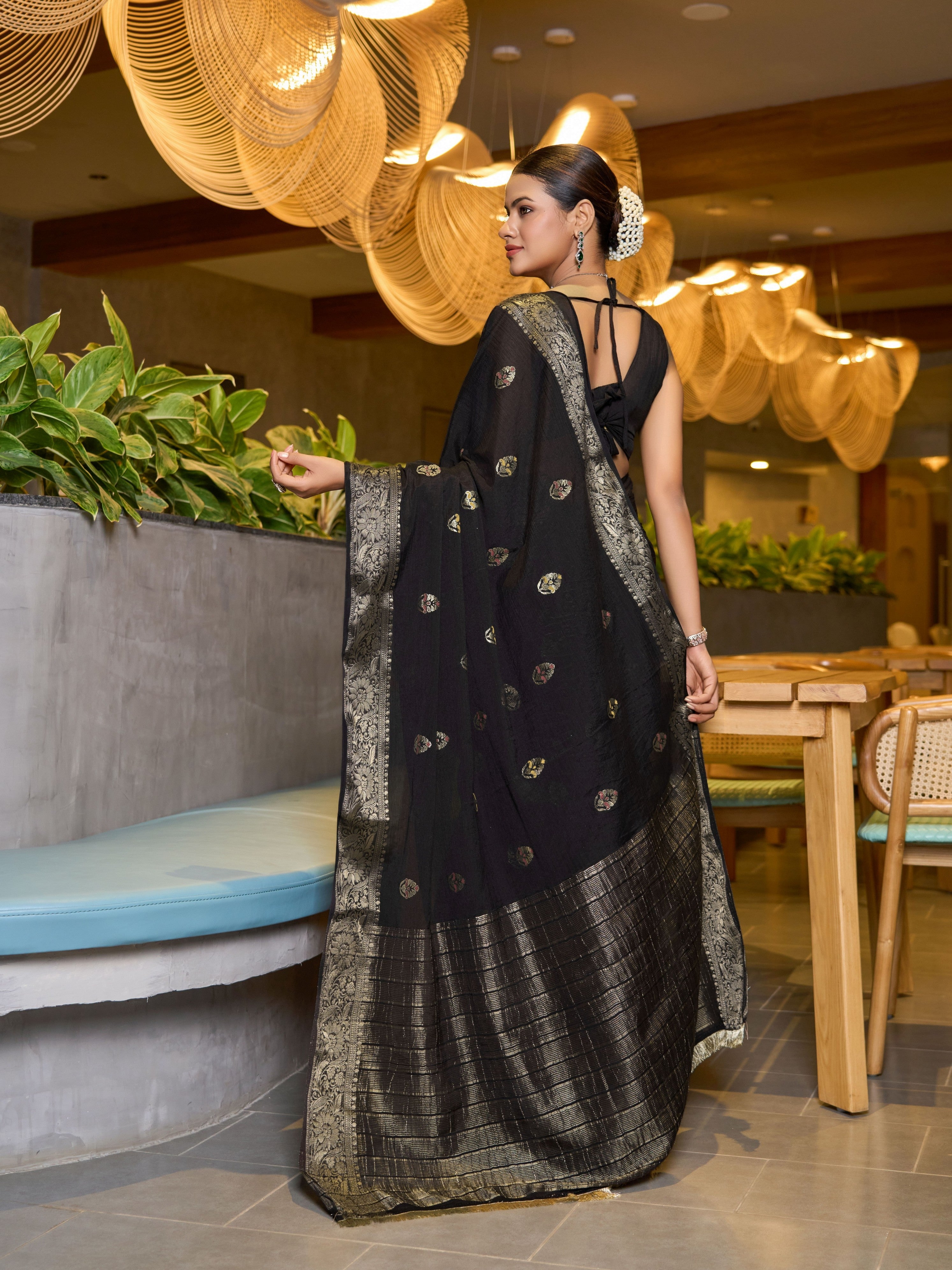 Black Ethnic Chinon Woven Designer Partywear Saree