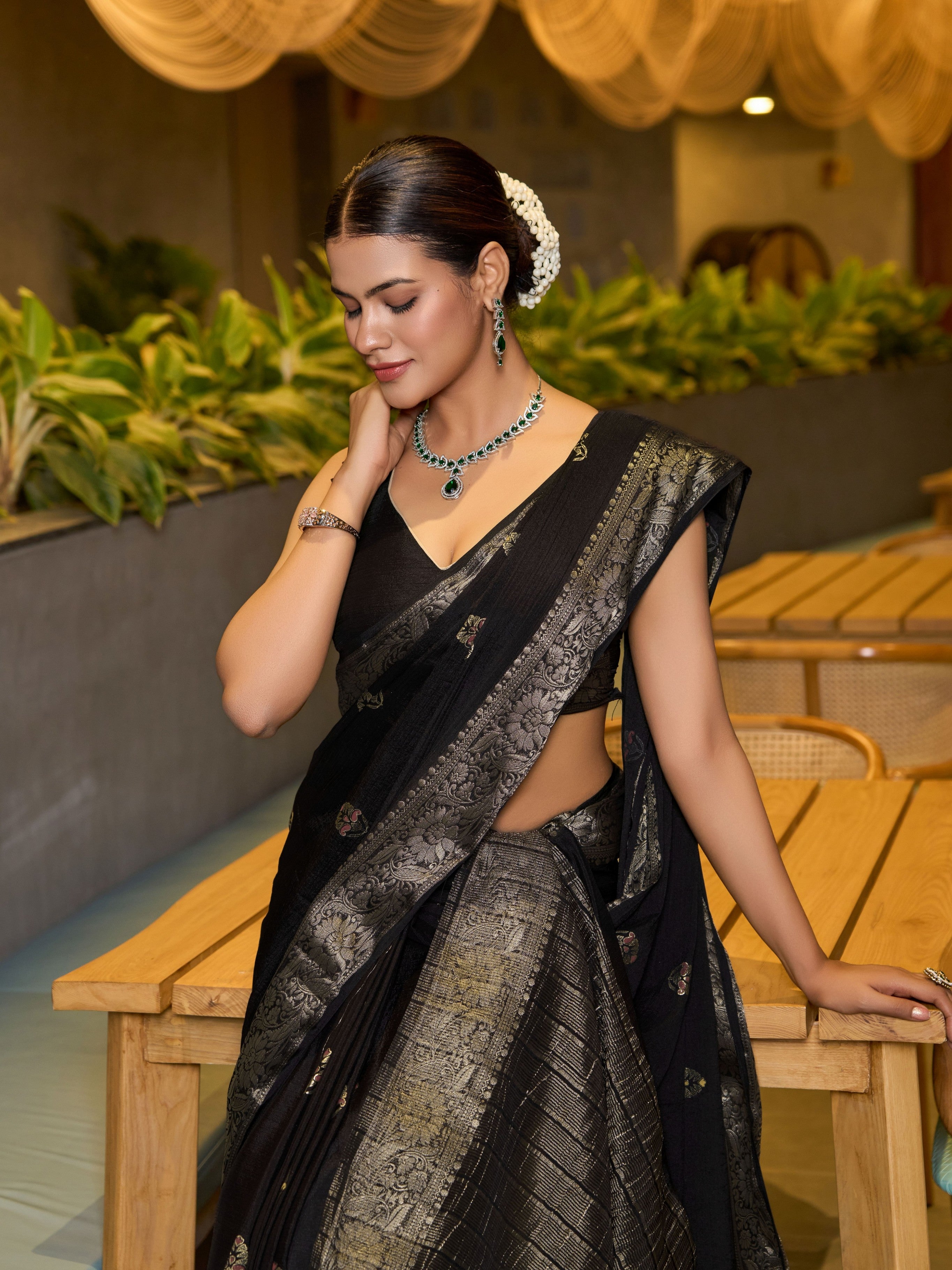 Black Ethnic Chinon Woven Designer Partywear Saree