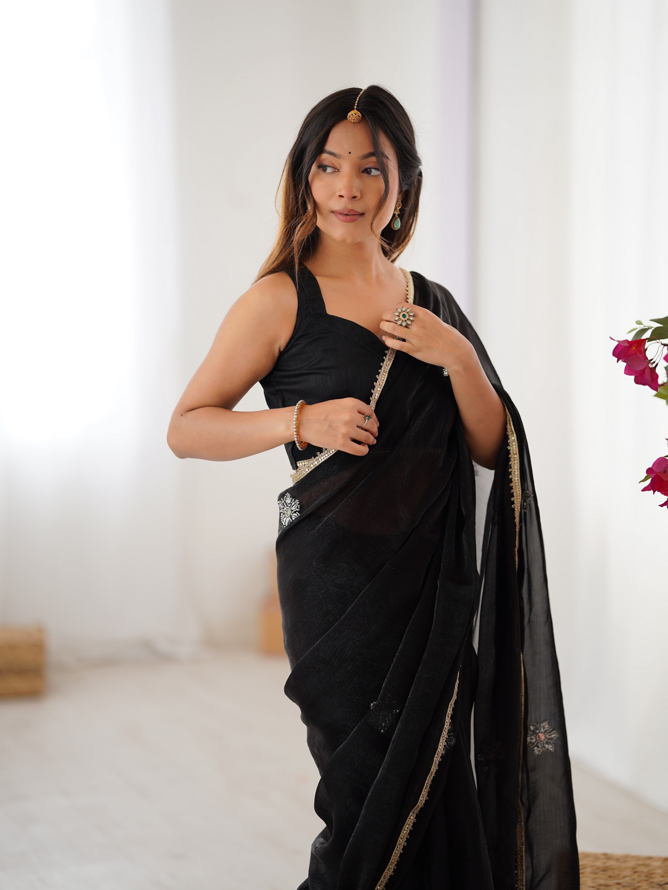 Black Fendy Designer Beads Moti And Val Sequance Work Partywear Saree