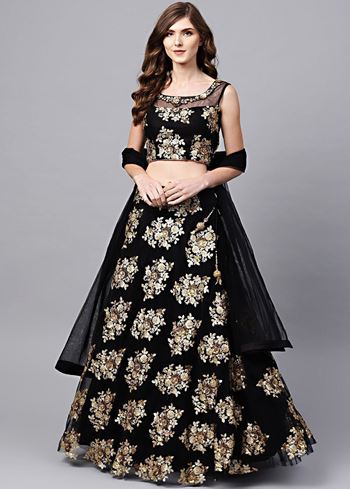Black Floral Golden Sequins Work Net Fabric Party Wear Lehenga Choli