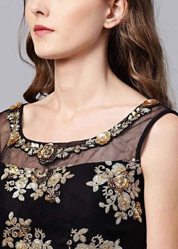 Black Floral Golden Sequins Work Net Fabric Party Wear Lehenga Choli