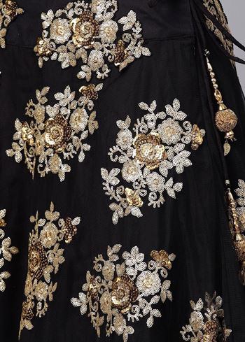 Black Floral Golden Sequins Work Net Fabric Party Wear Lehenga Choli