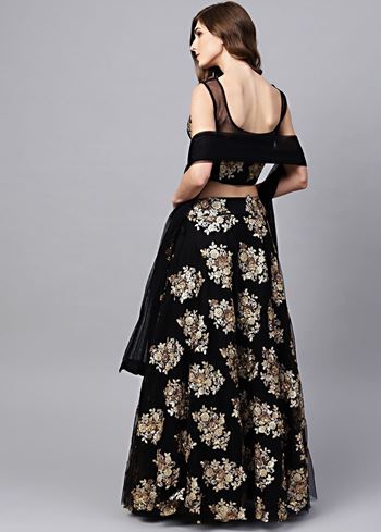 Black Floral Golden Sequins Work Net Fabric Party Wear Lehenga Choli