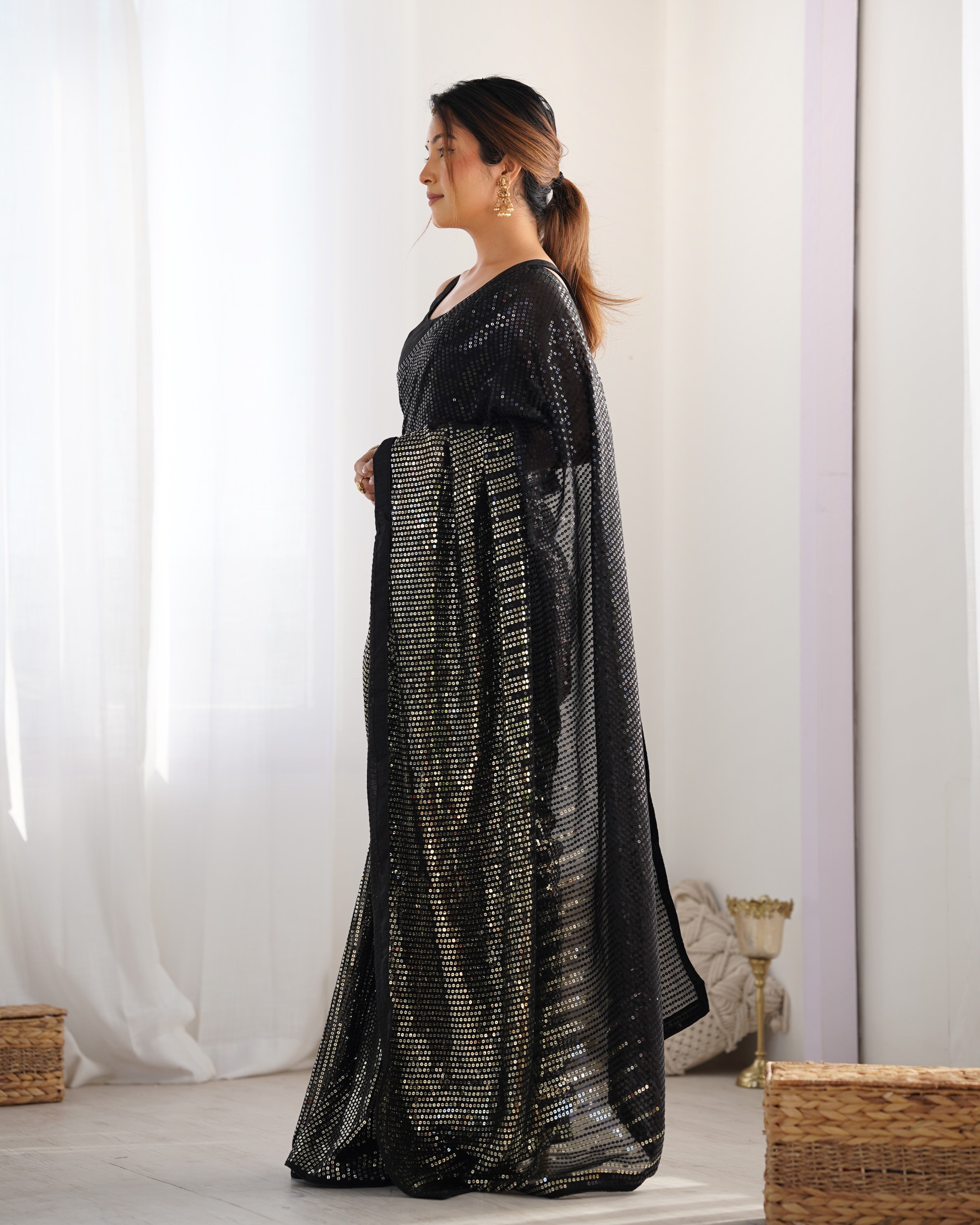 Black Georgette Designer Sequance Embroidery Work Bollywood Style Partywear Saree