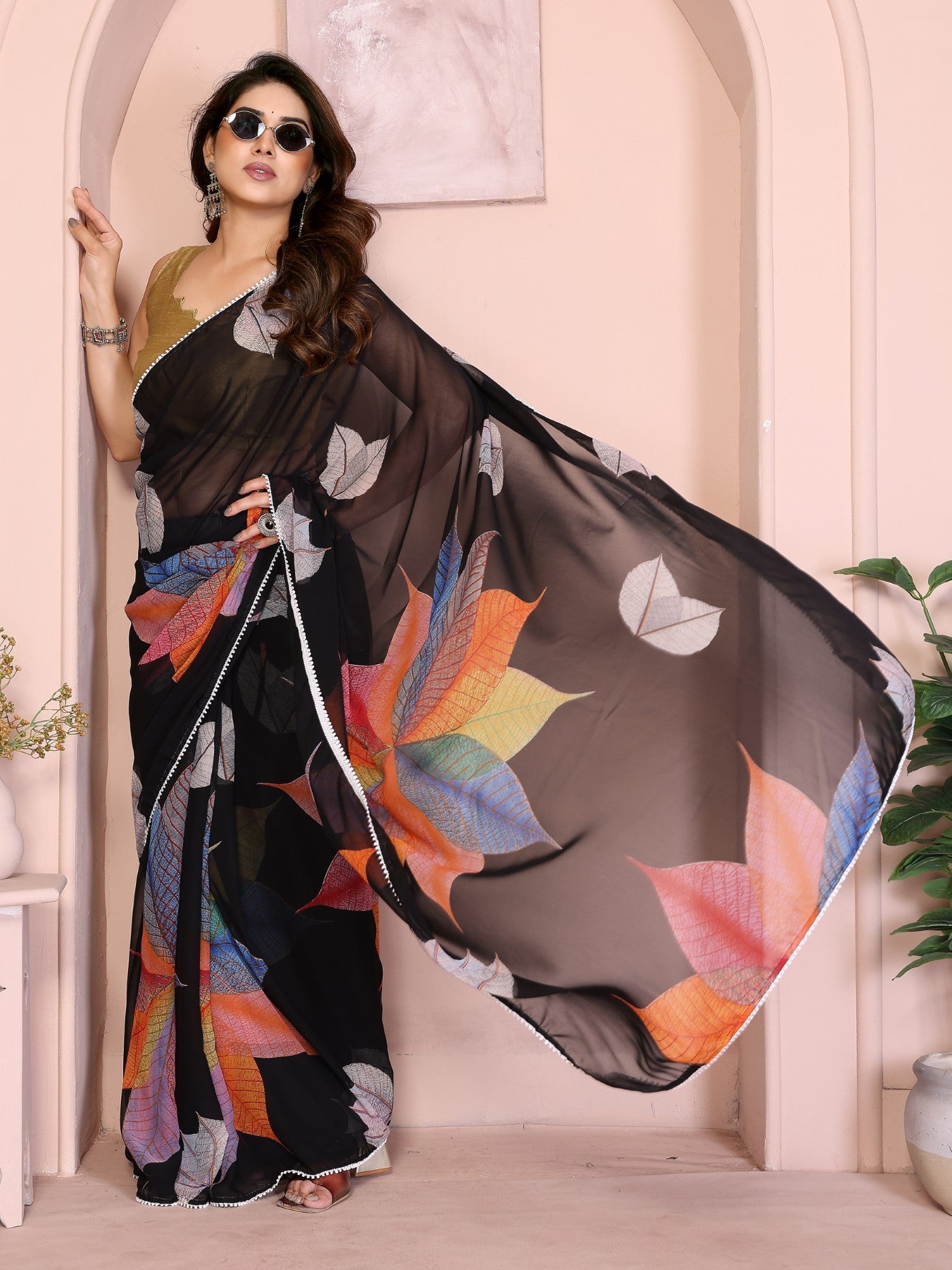 Black Georgette Ready-to-Wear Printed Saree with Lace