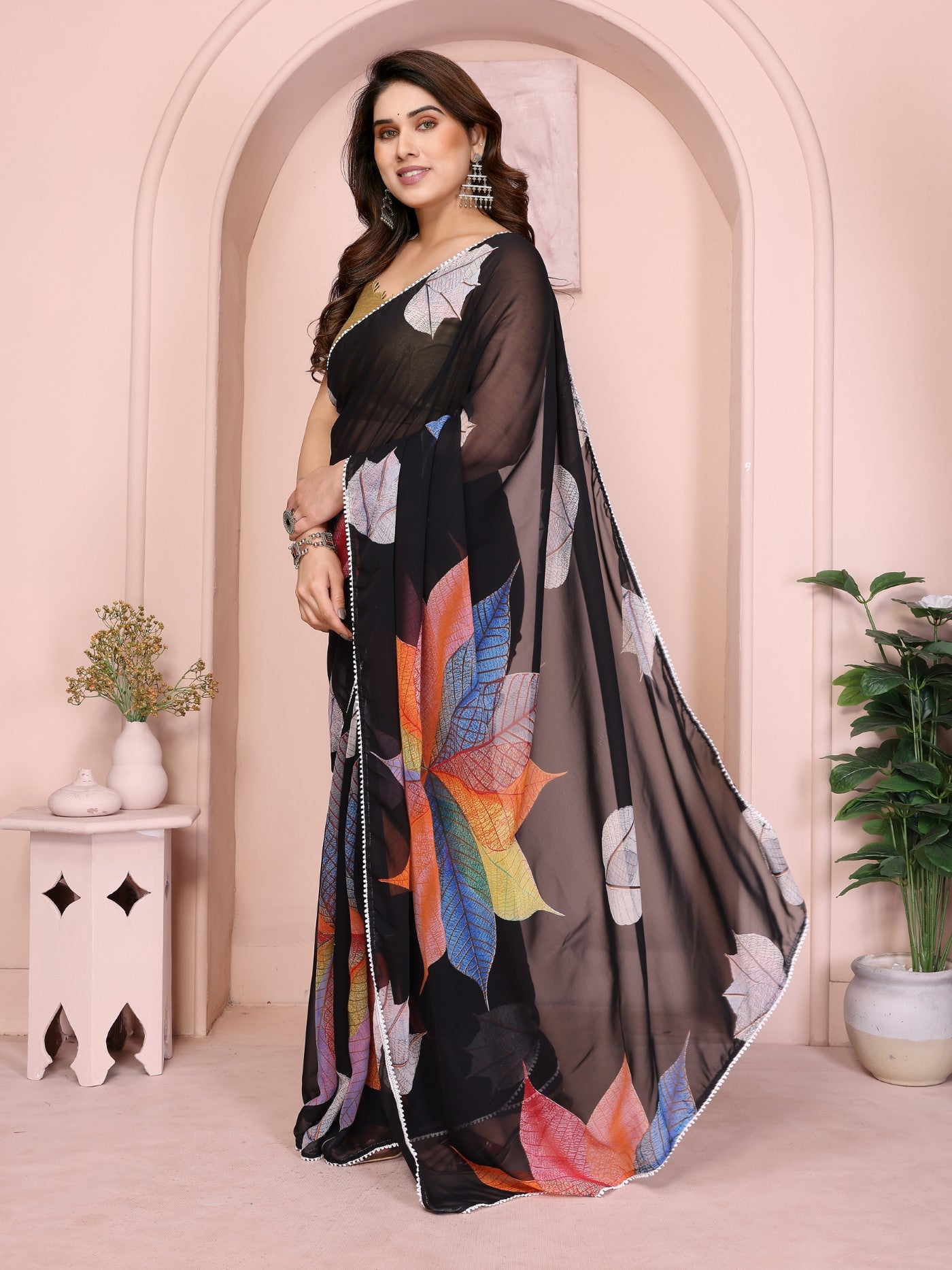 Black Georgette Ready-to-Wear Printed Saree with Lace