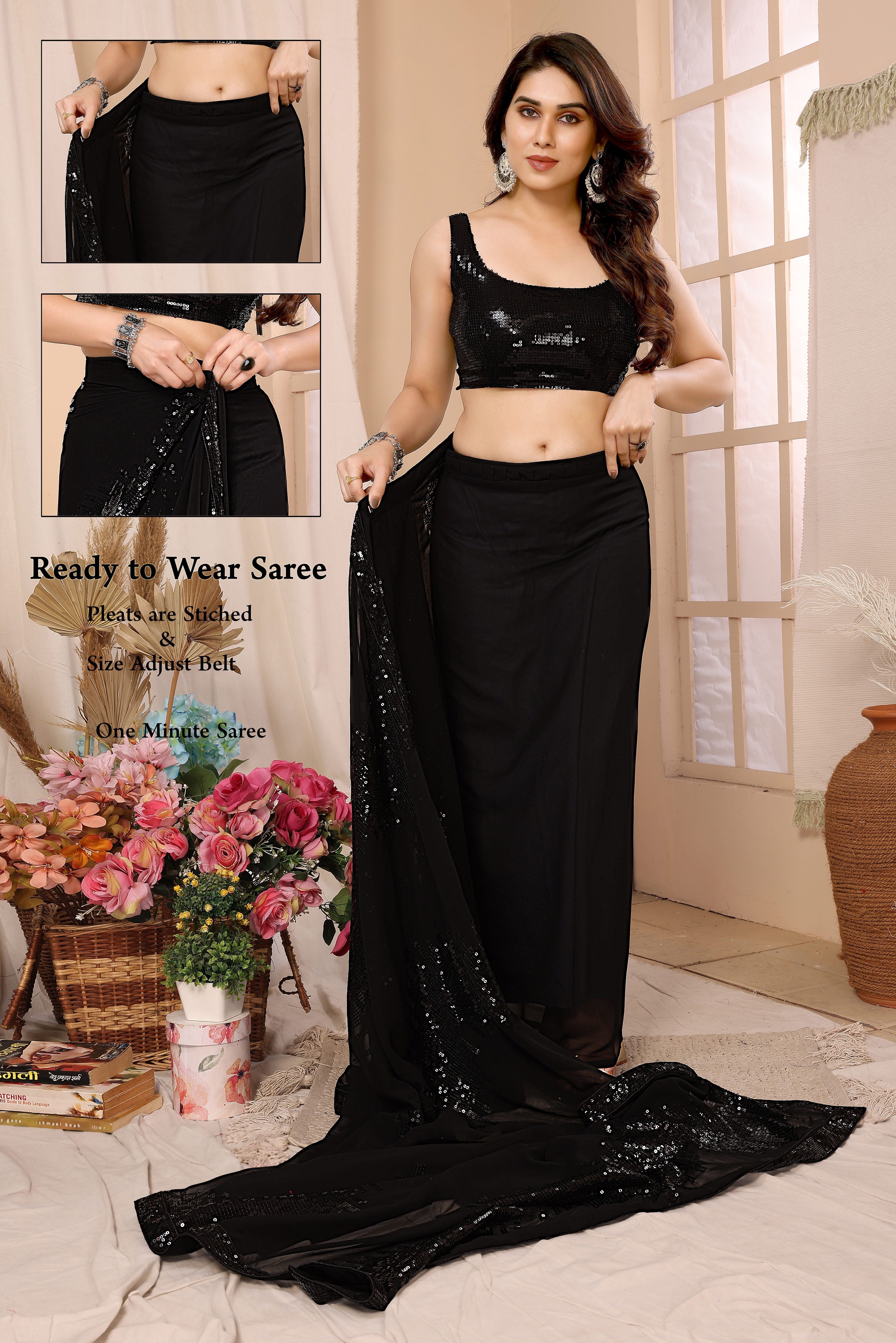 Black Georgette Ready To Wear Sequins Embroidered Saree