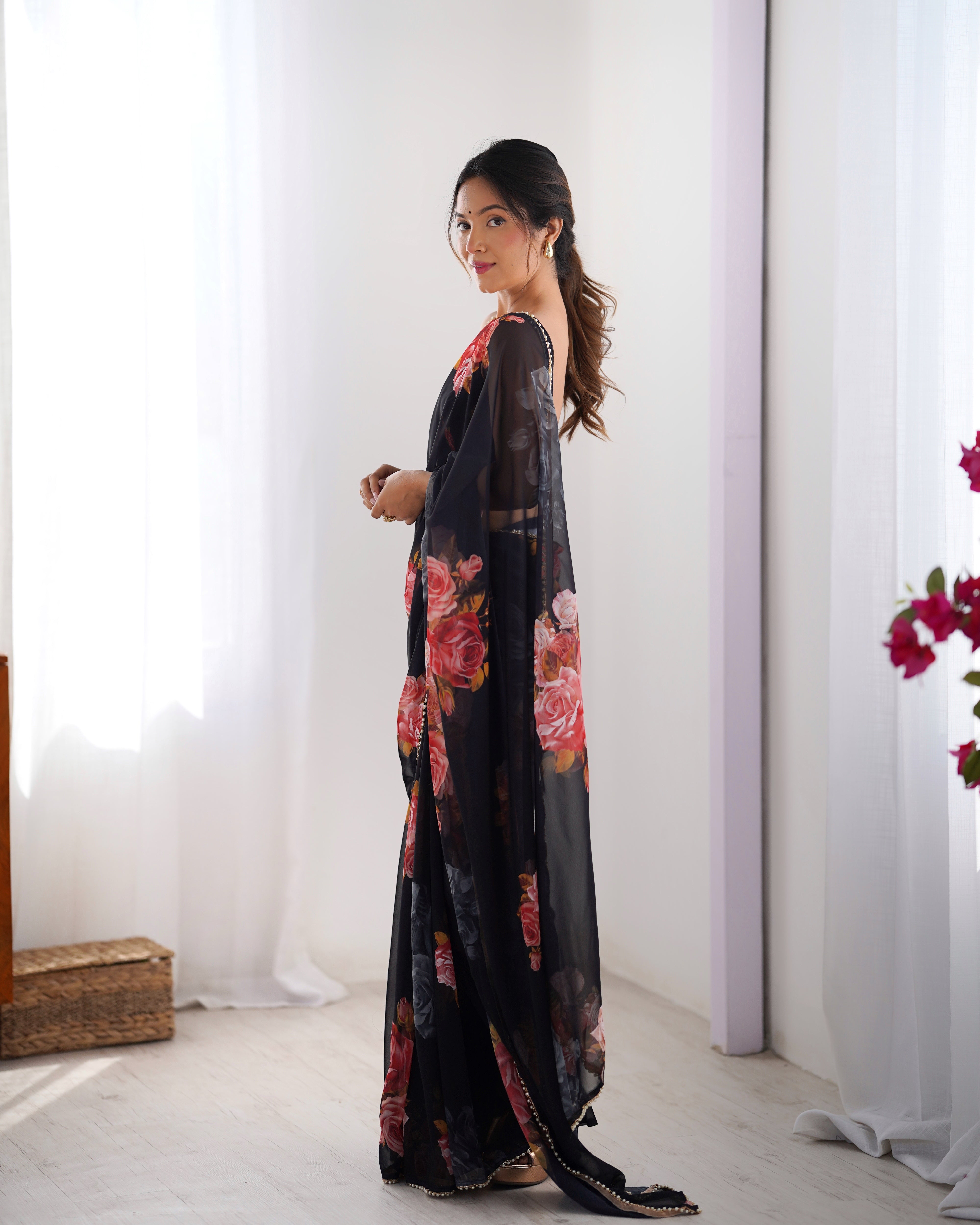 Black Georgette Saree Designed With Hand Print And Moti Lace Border