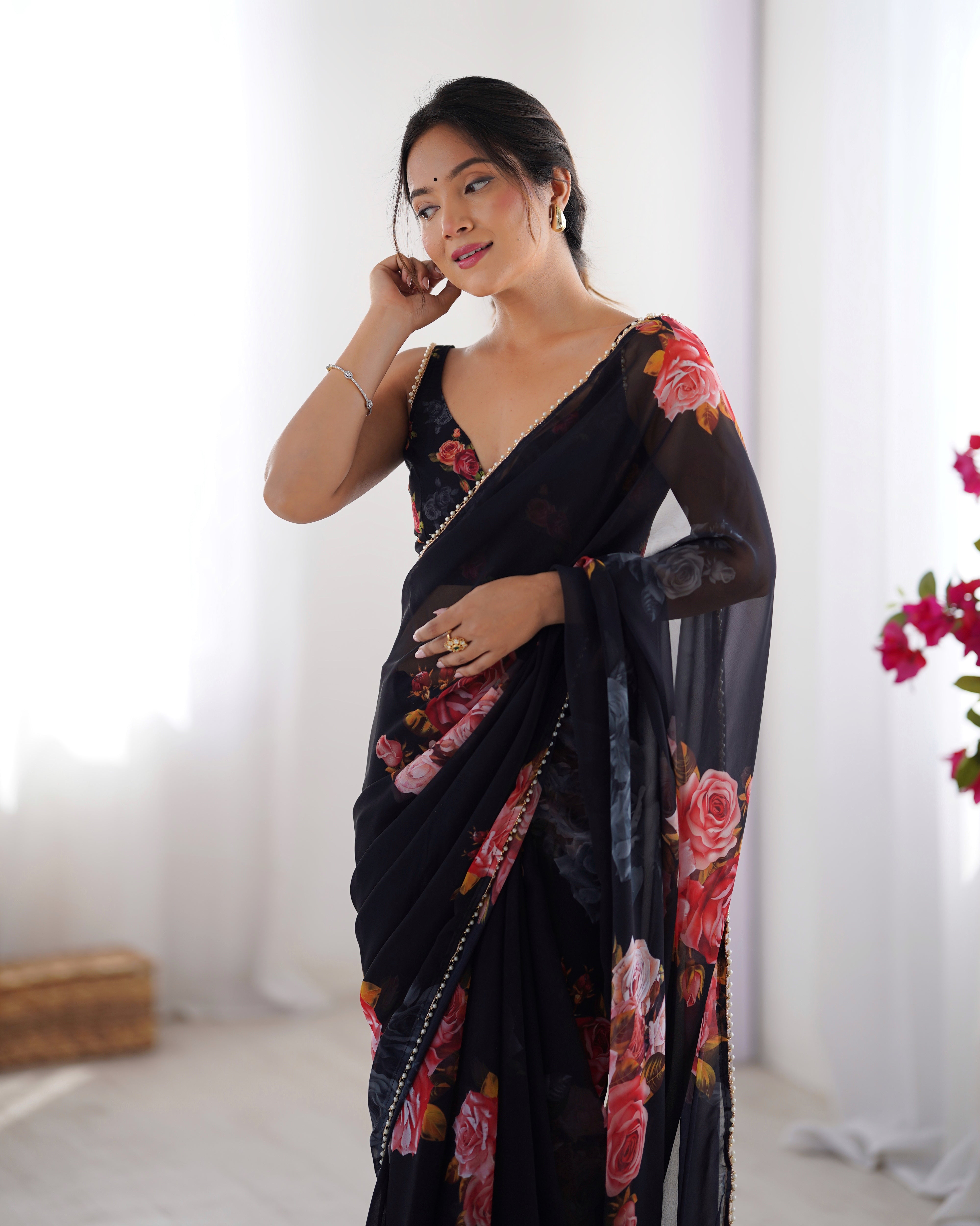 Black Georgette Saree Designed With Hand Print And Moti Lace Border