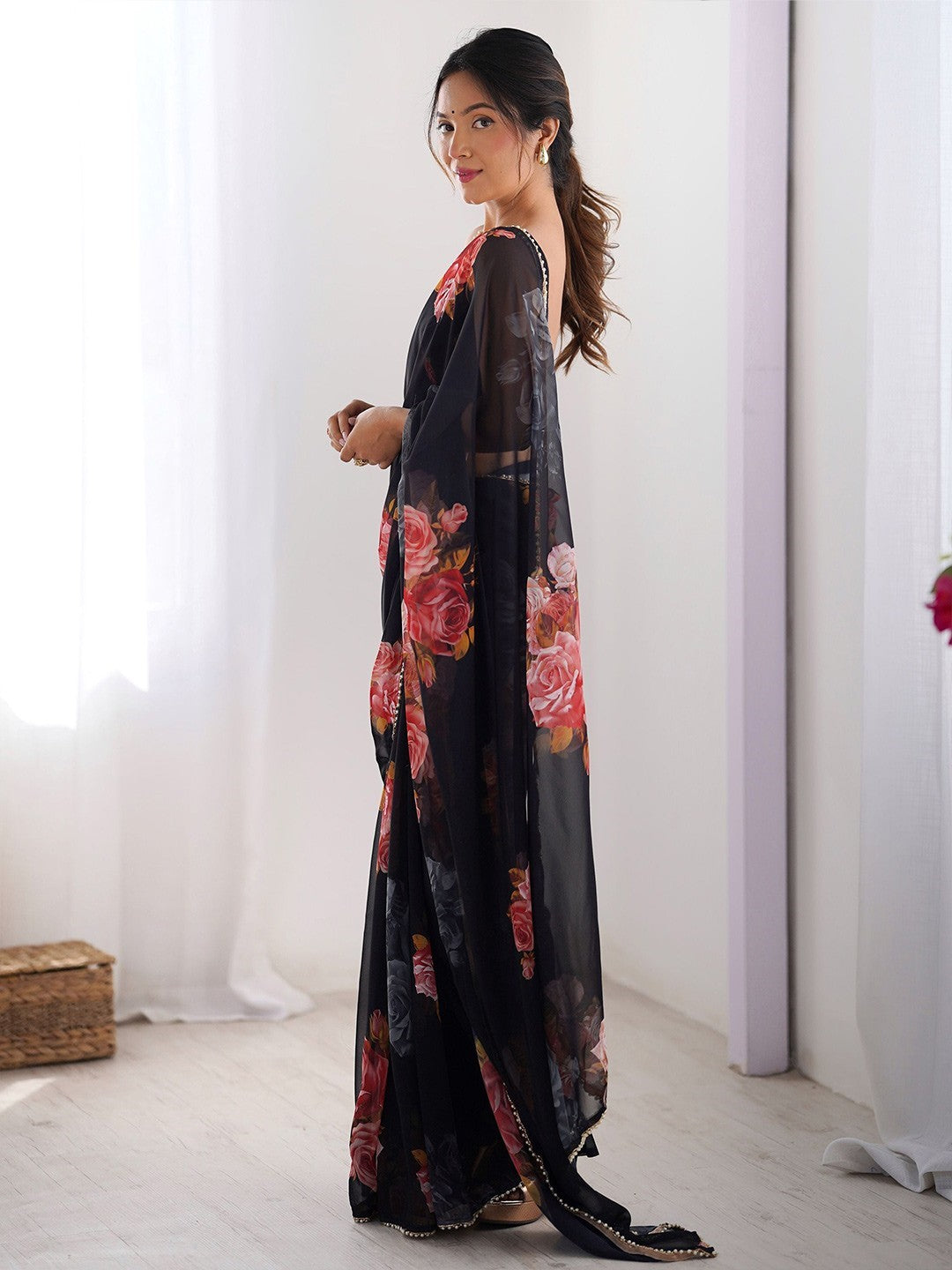 Black Georgette Saree With Digital Print And Moti Lace