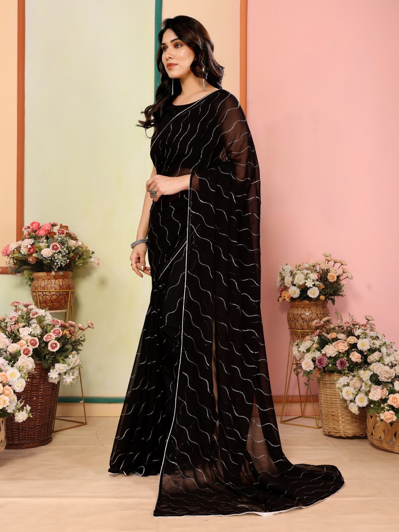 Black Georgette Saree With Mukesh Work Saree