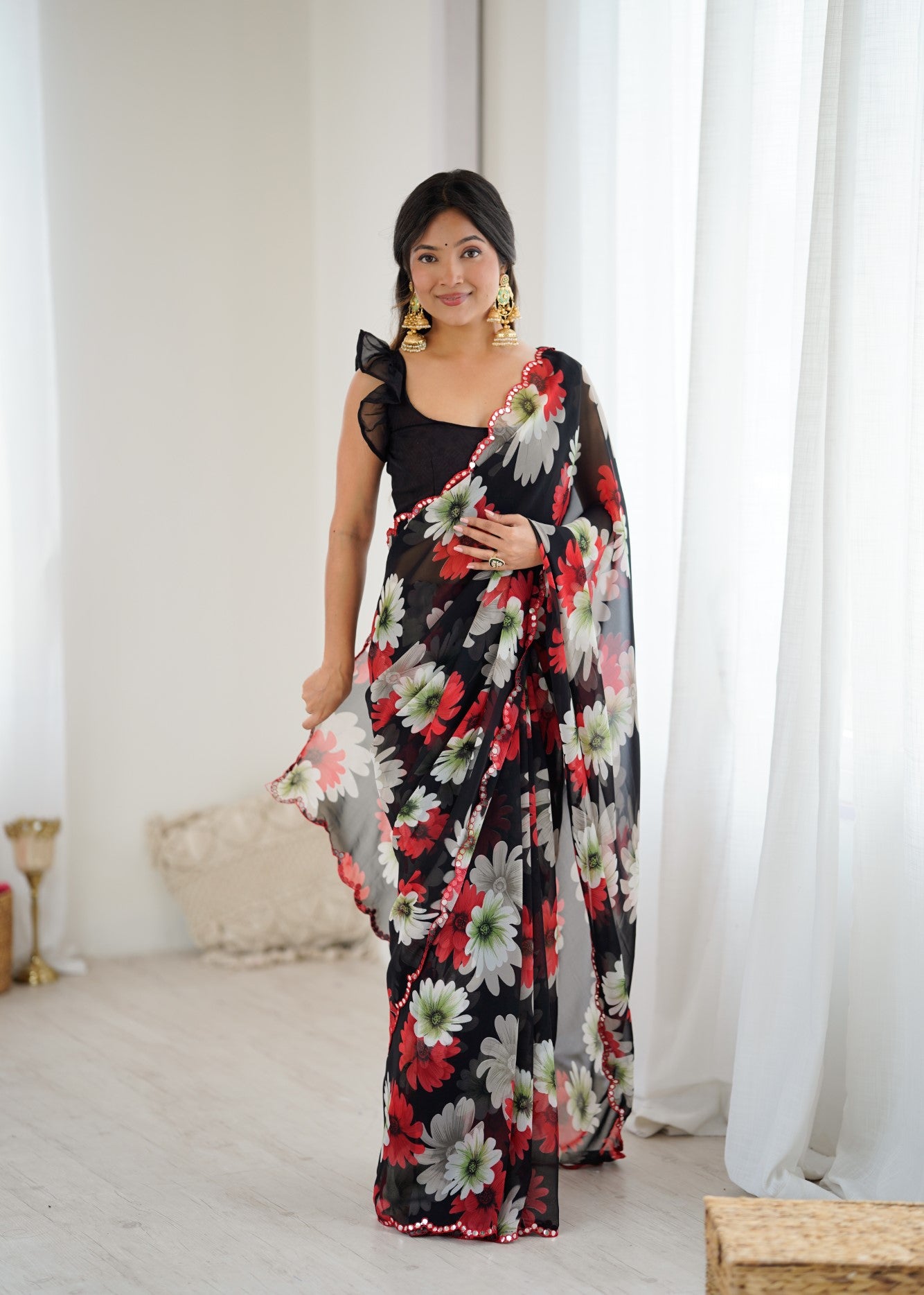 Black Georgette Saree With Printed Design And Mirror Work