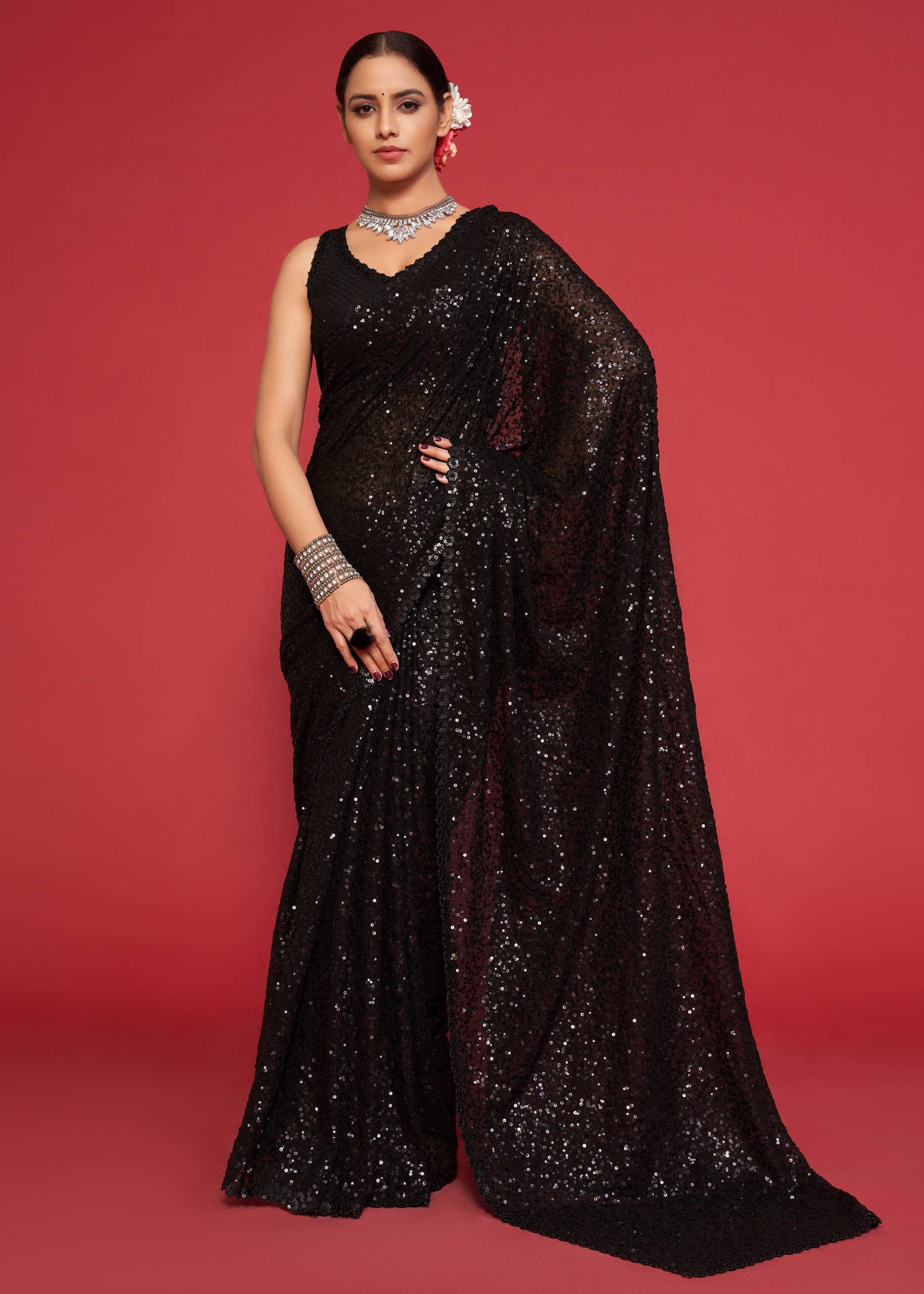 Black Georgette Saree with Thread Embroidery and Sequins Work