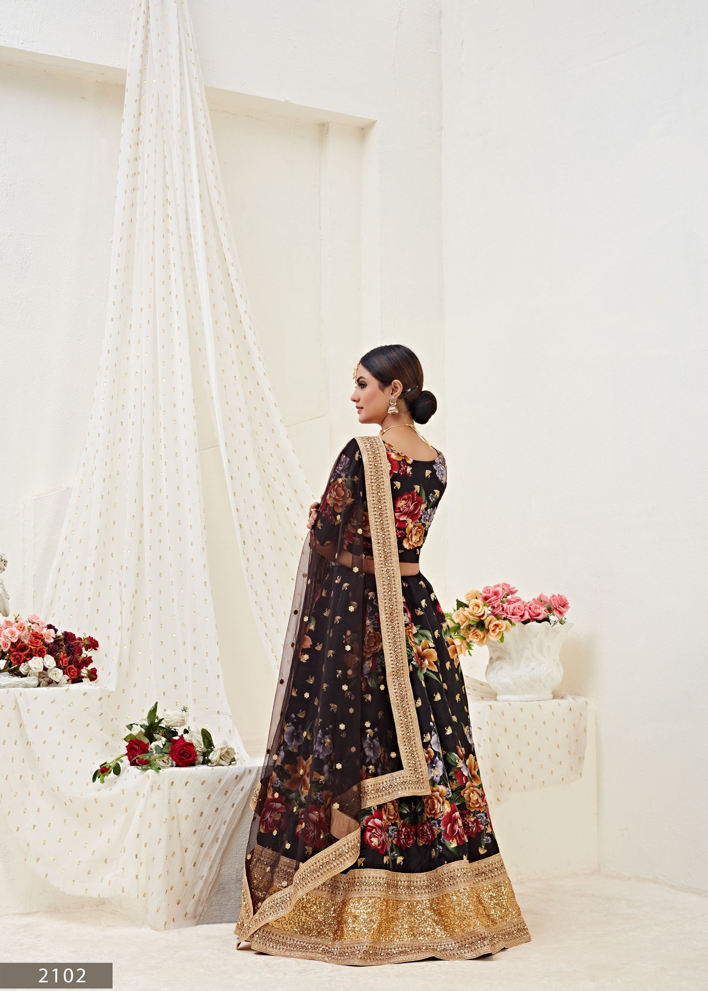Black Lehenga Choli With Digital Print With Dori, Sequins Embroidered Border And Pearl Work