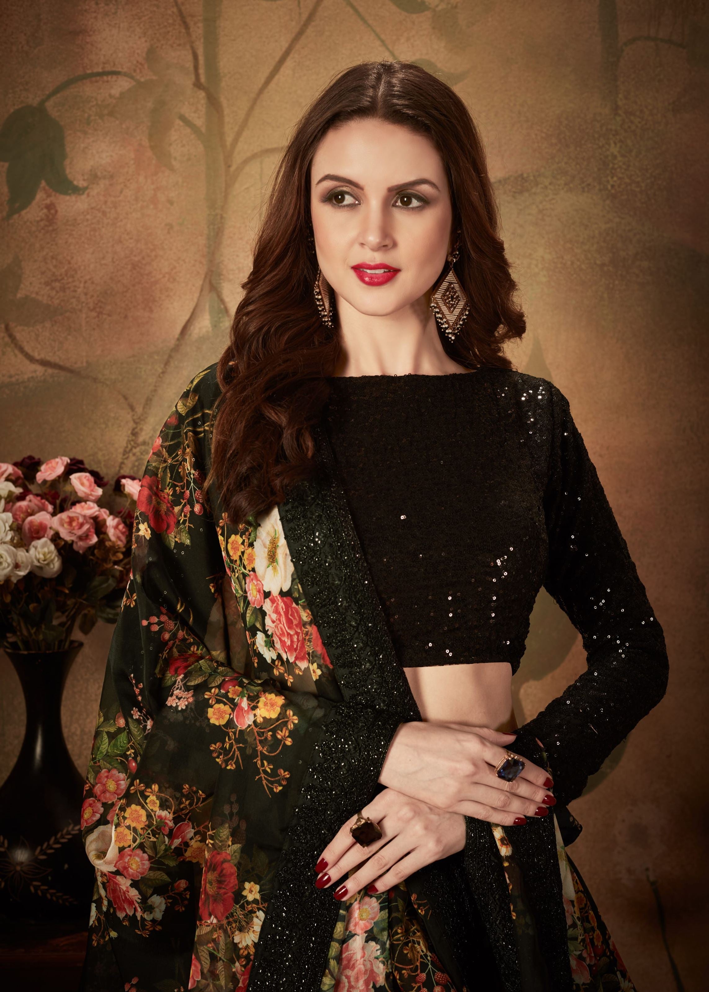 Black Lehenga Choli With Digital Print & Dori, Zari And Sequins Embroidery Work