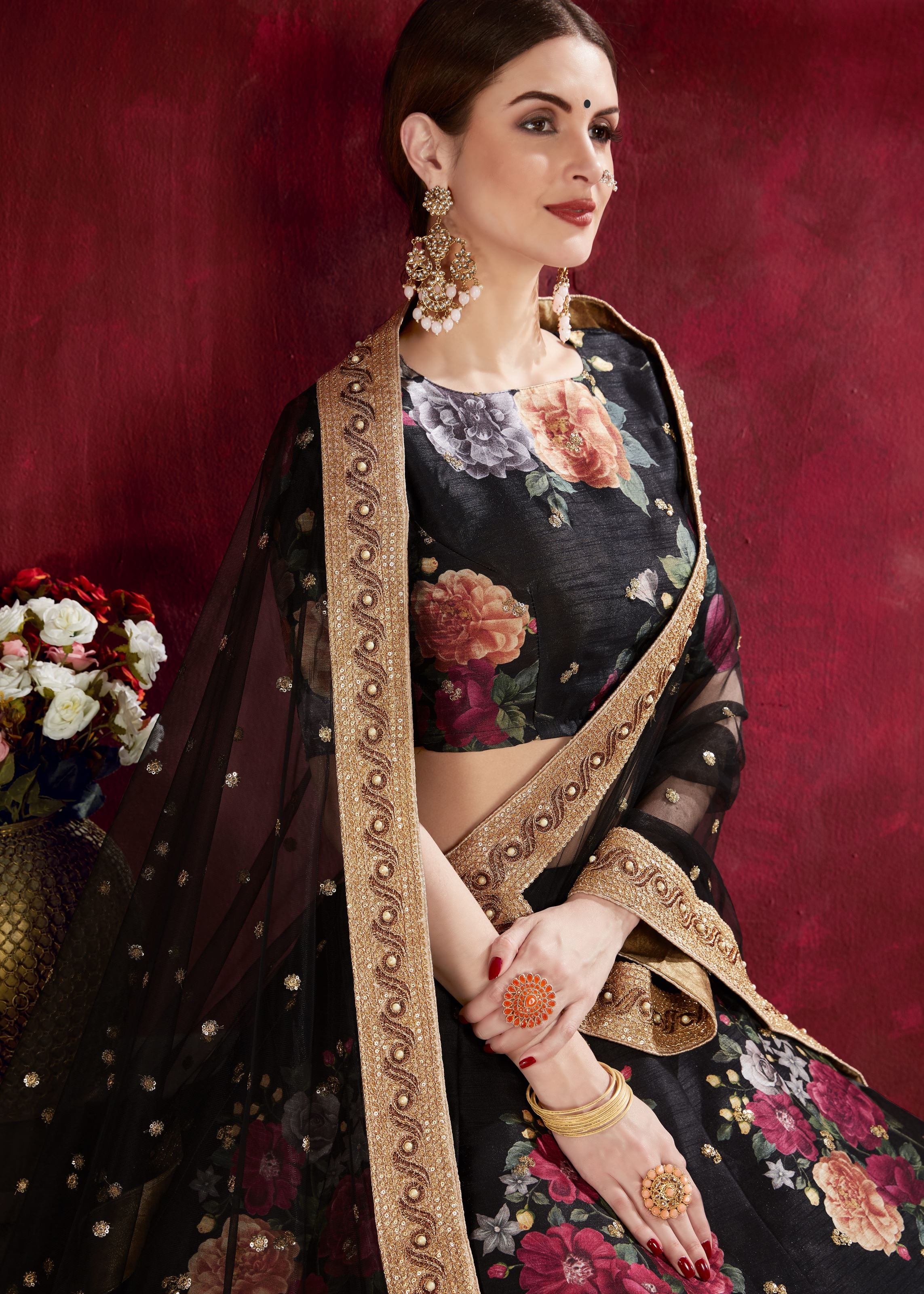 Black Lehenga Choli With Floral Print, Dori, Zari And Sequins Embroidery