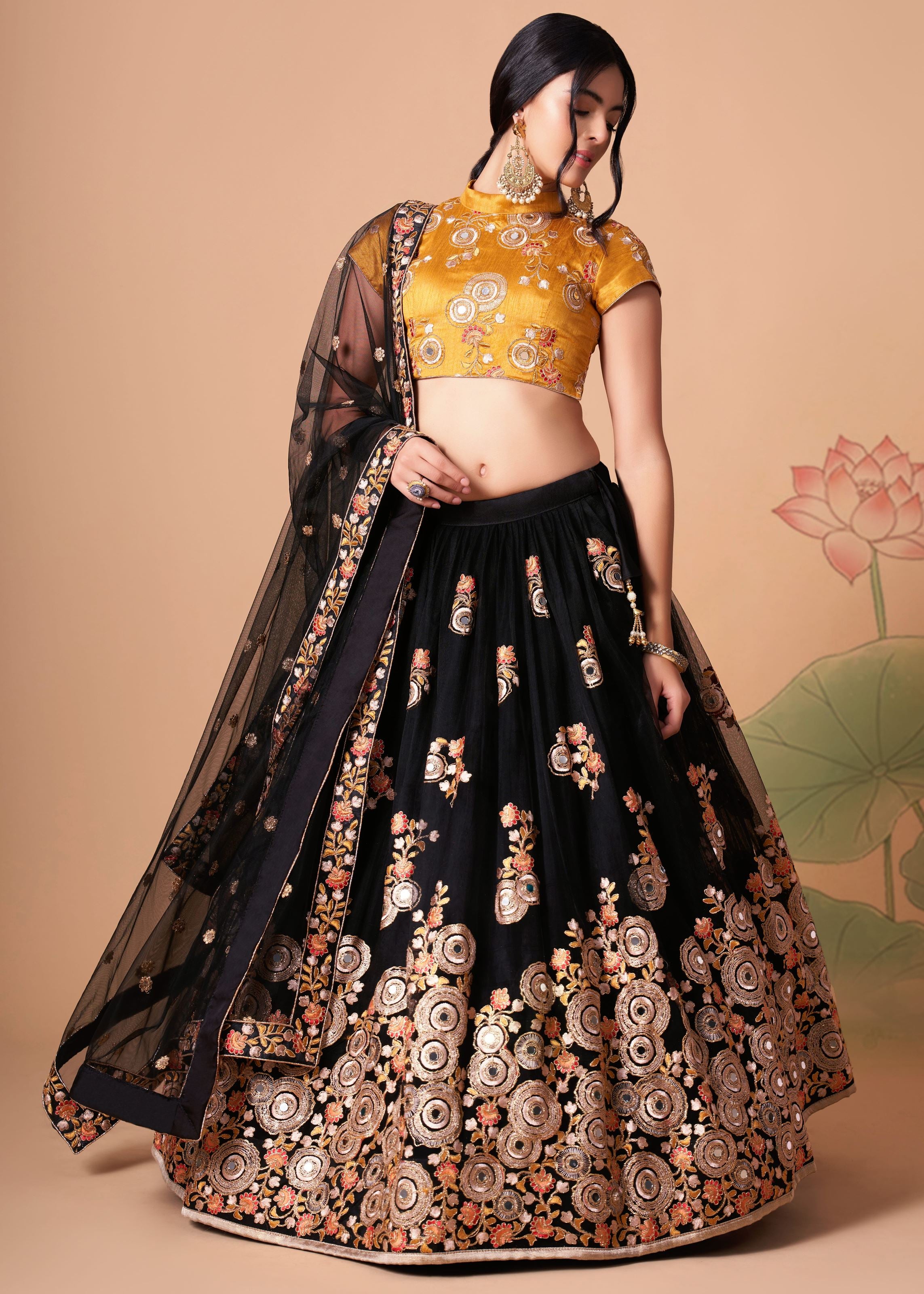 Black Lehenga Choli With Thread, Zari, Dori And Sequins Embroidery With Mirror Work