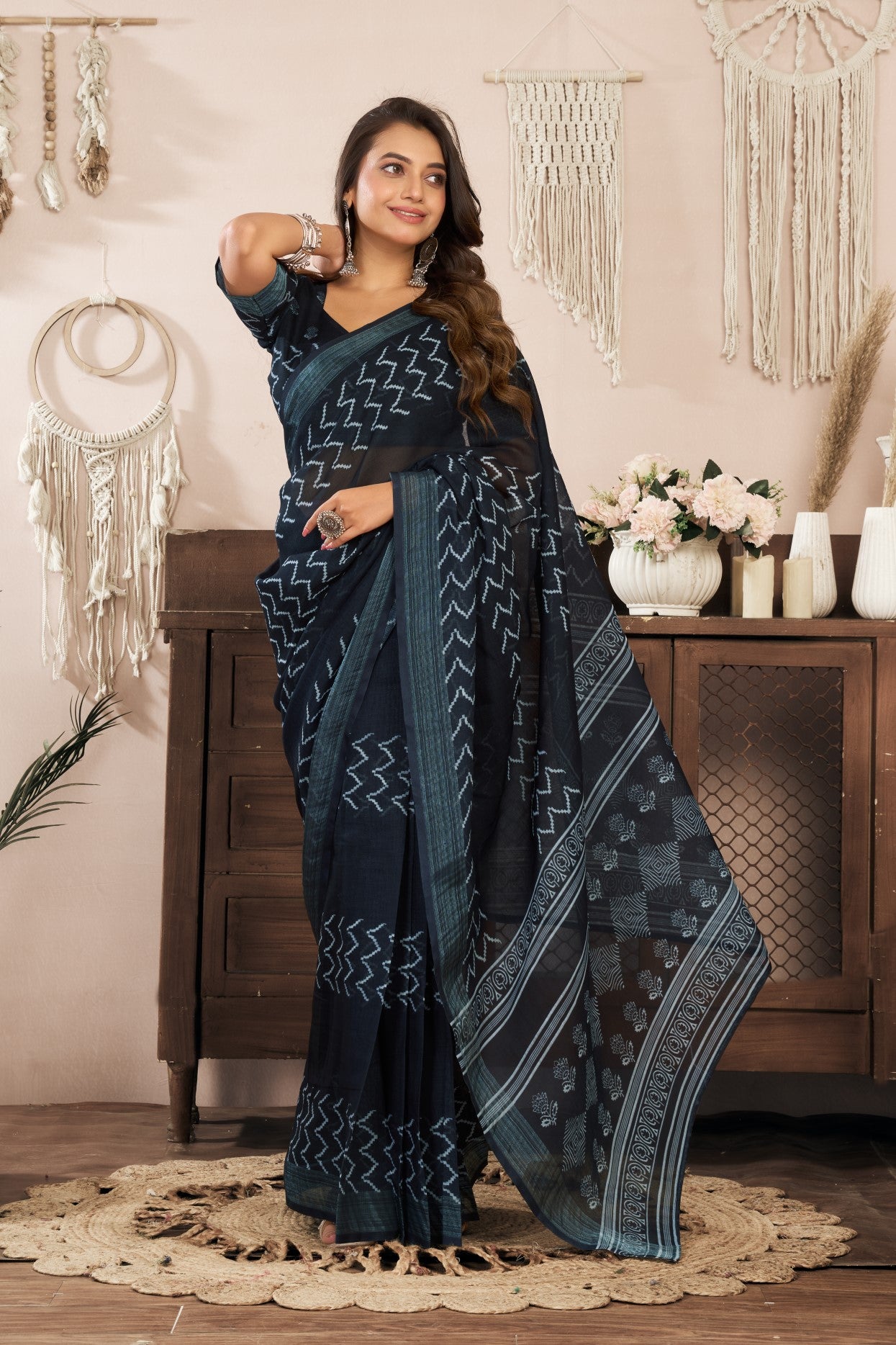 Black Linen Ready To Wear Saree With Zari Border Printed
