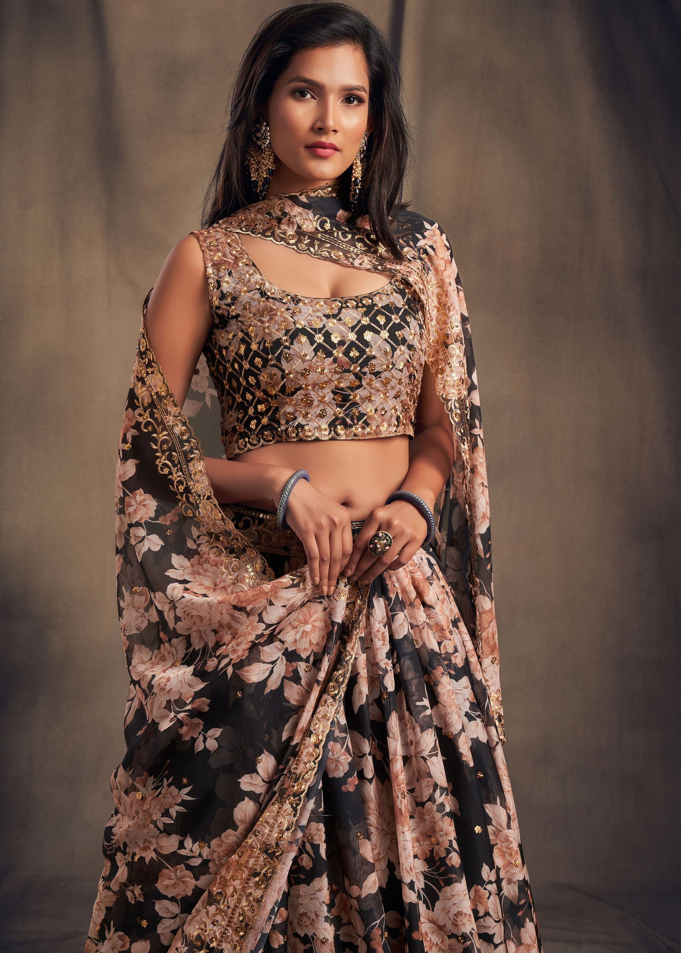 Black Organza Lehenga Choli With Sequins Zari Embroidery Work