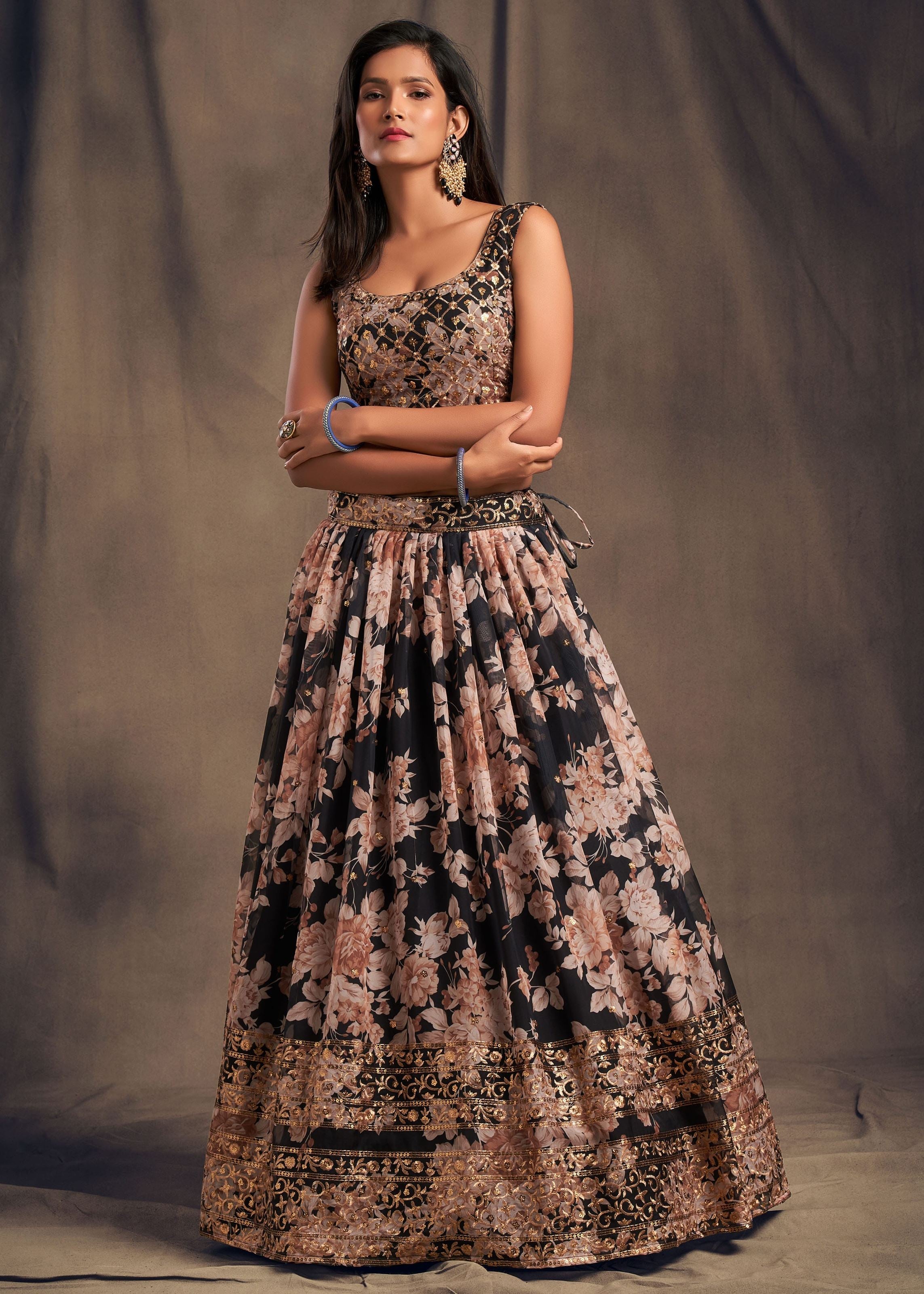 Black Organza Lehenga Choli With Sequins Zari Embroidery Work