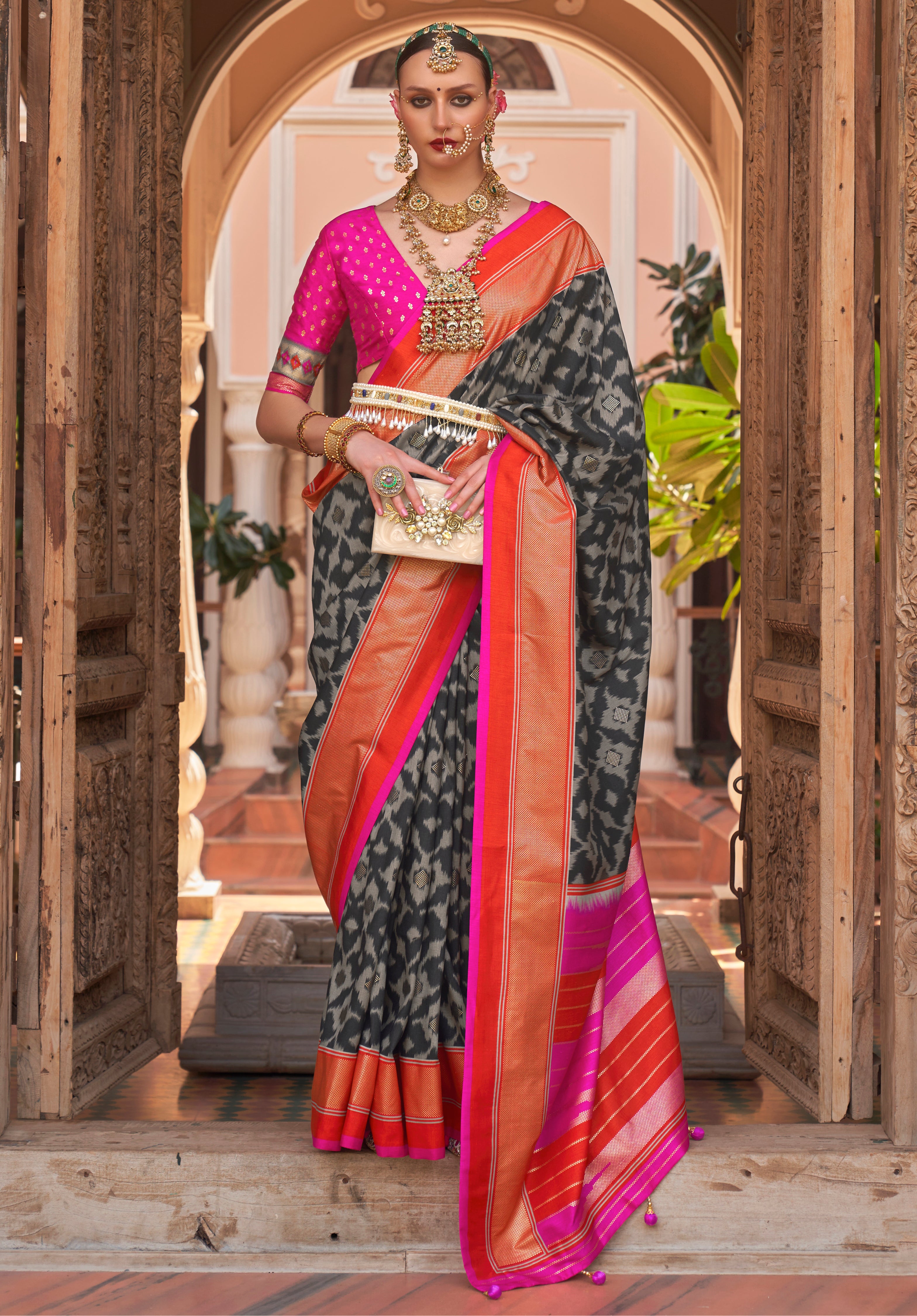 Black PV Silk Saree with Printed