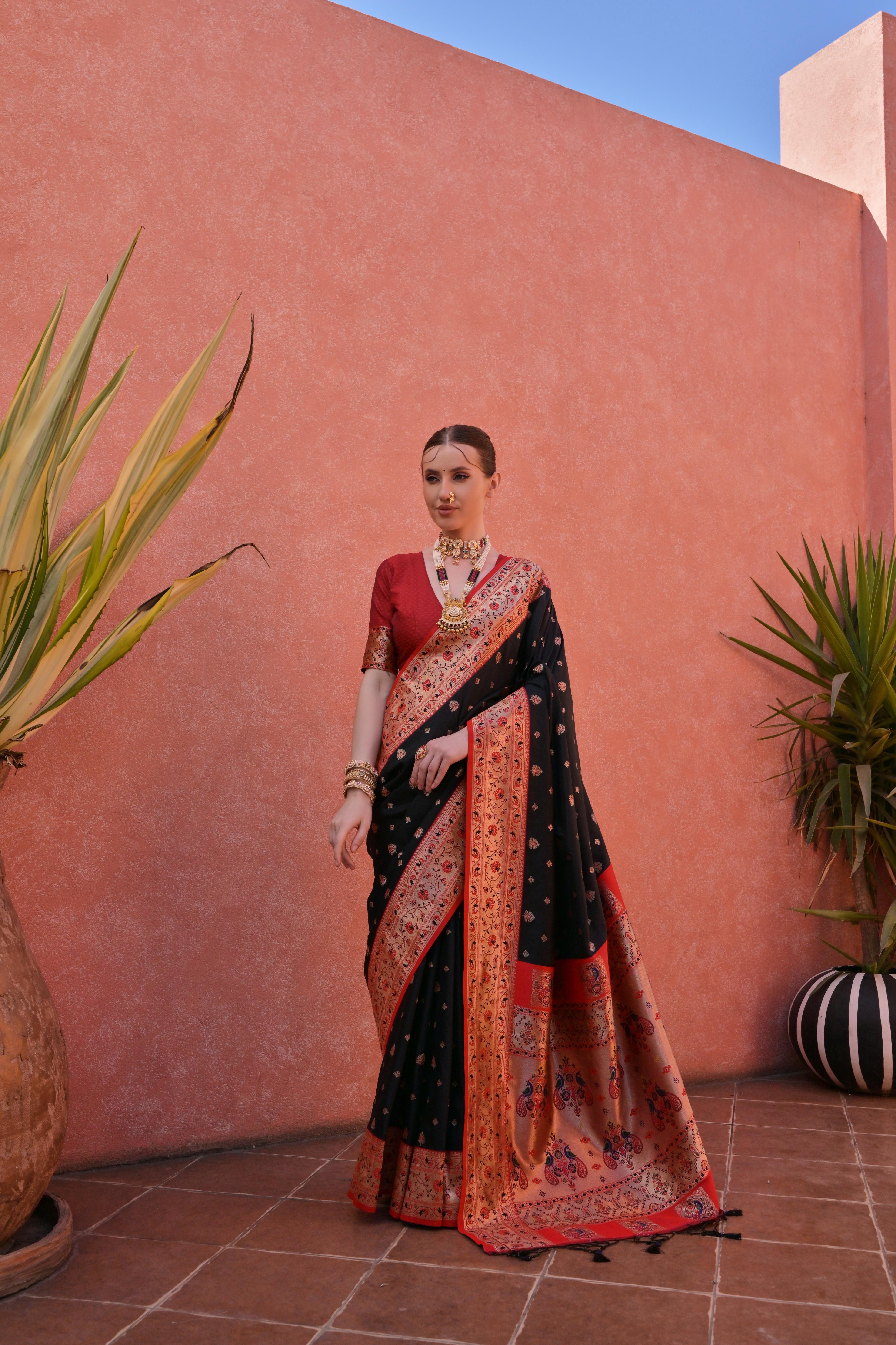 Black Paithani Silk Saree with Paithani Pallu and Zari Butti