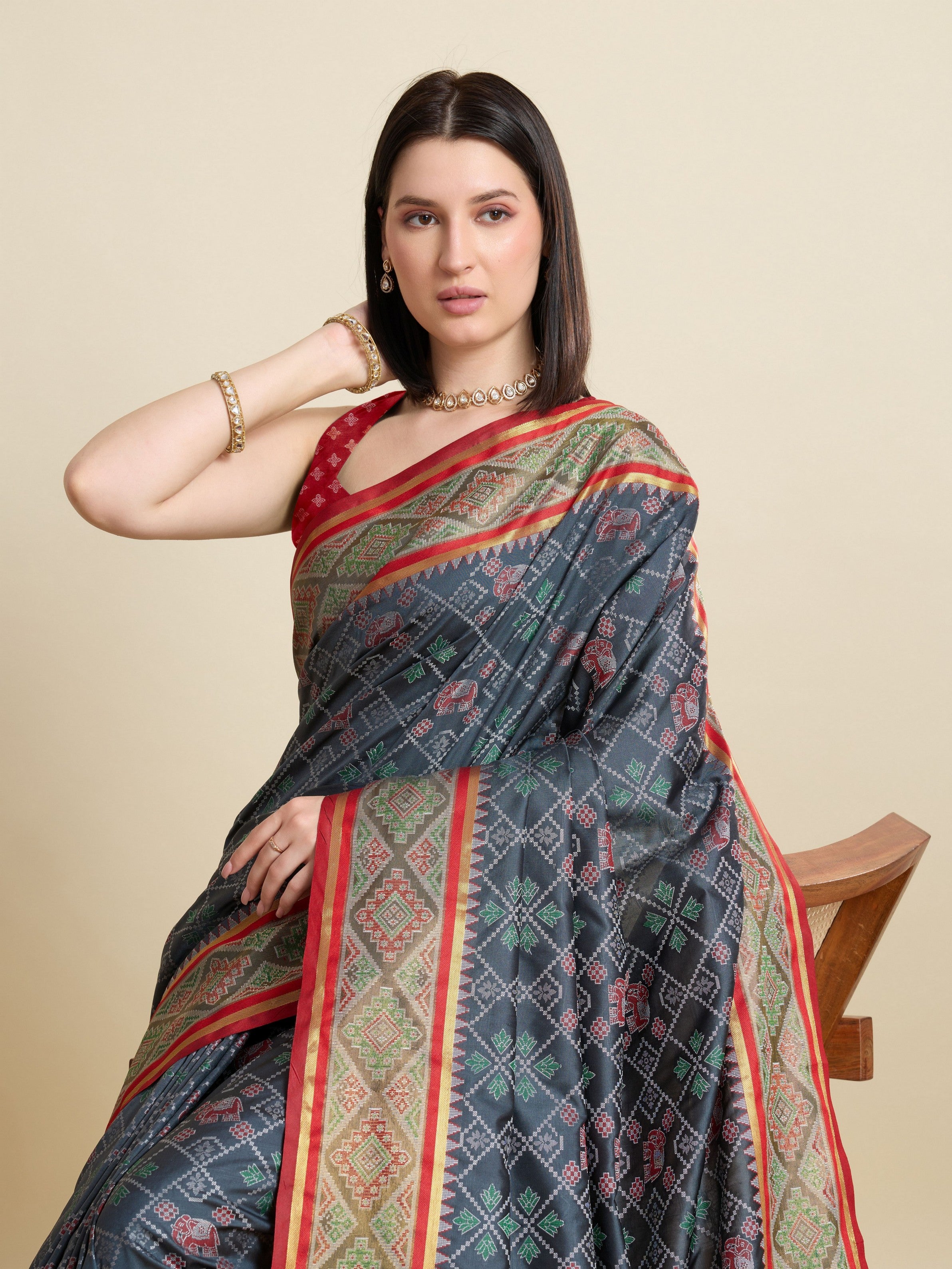 Black Patola Silk Woven Meenakari Designer Partywear Saree