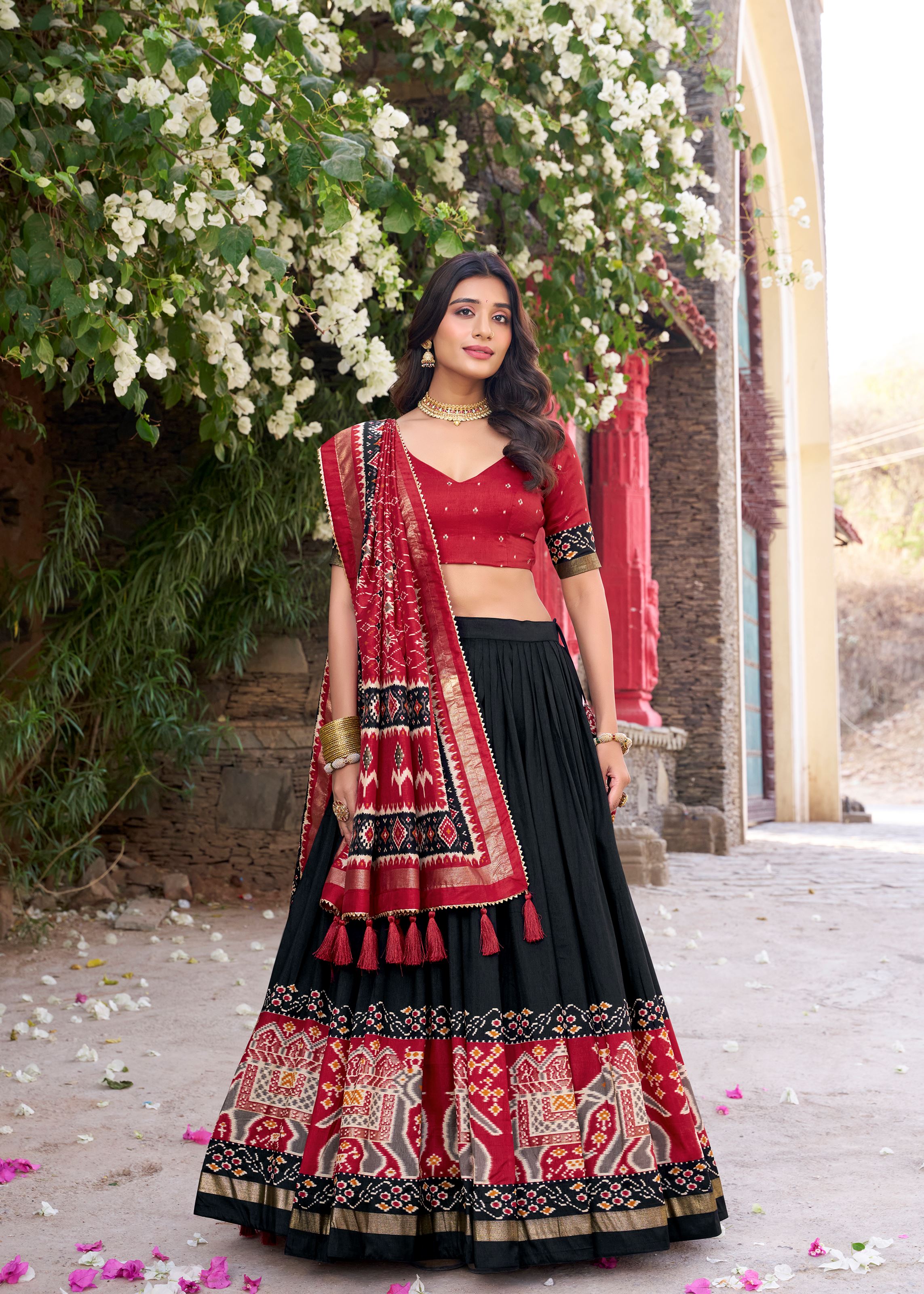 Black Perfection Patola Printed Tussar Silk Lehenga with Foil Highlights