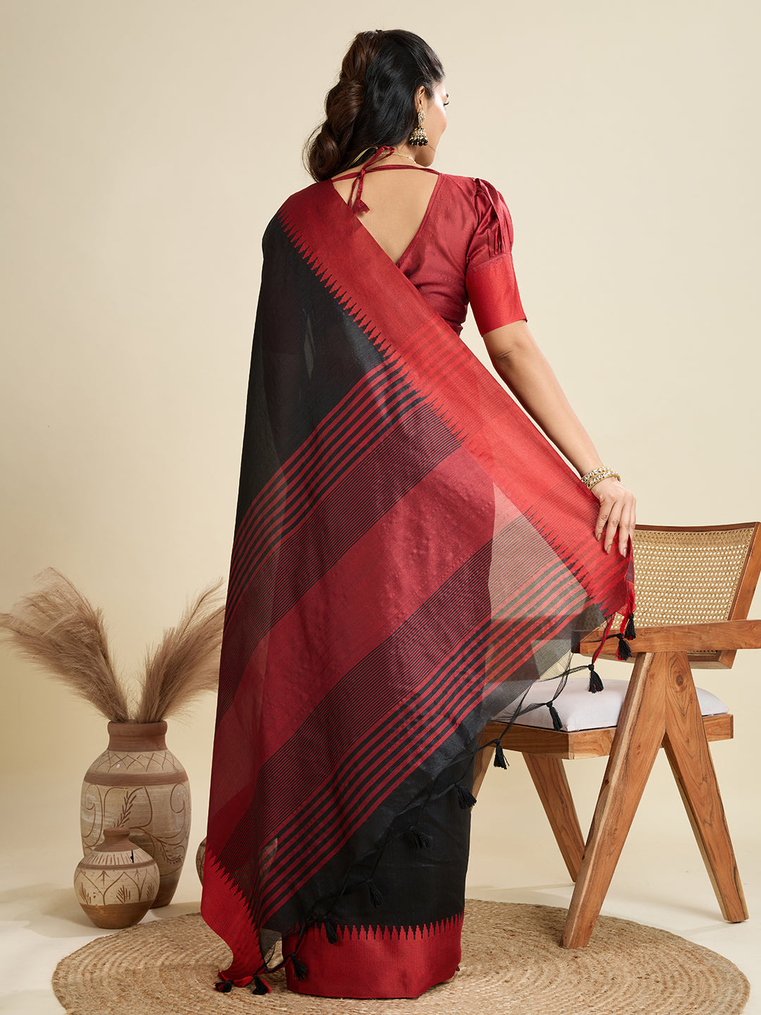 Black Raw Silk Saree with Temple Border and Striped Pallu