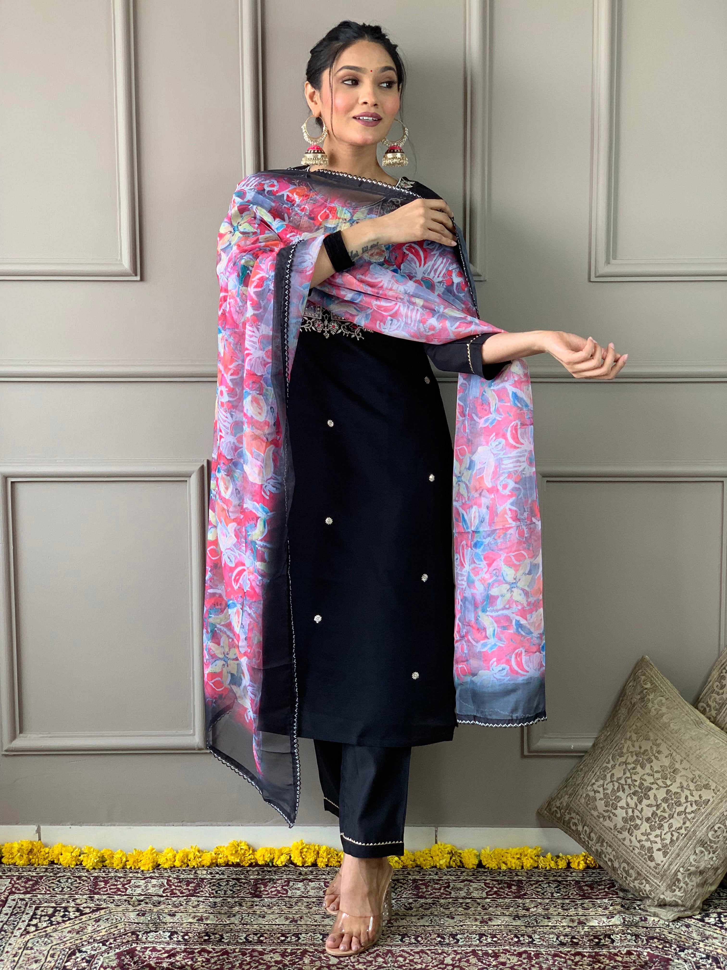 Black Rayon Slub Elegant Kurta Pant Set With Embroidery Work