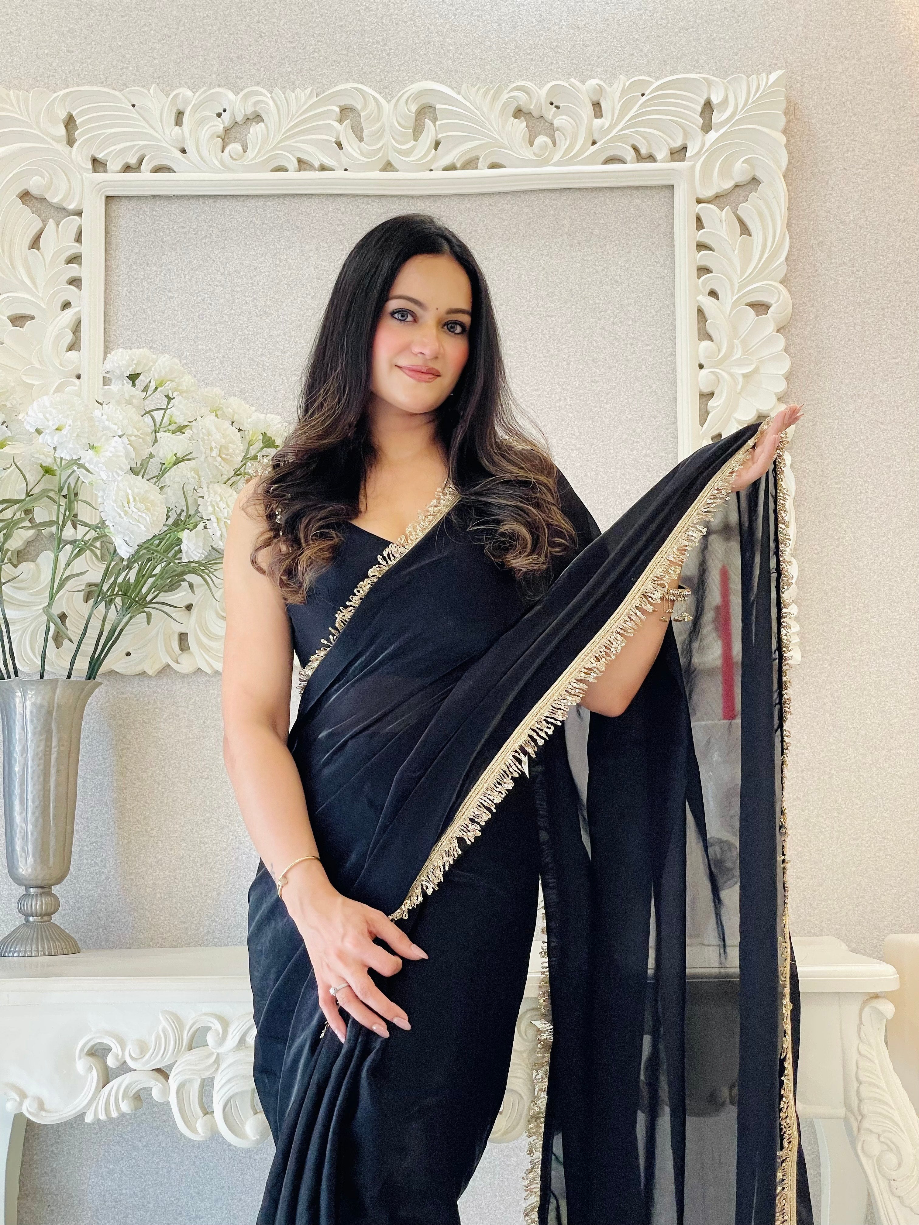 Black Ready To Wear Fendy Satin Saree Designed With Lace Border