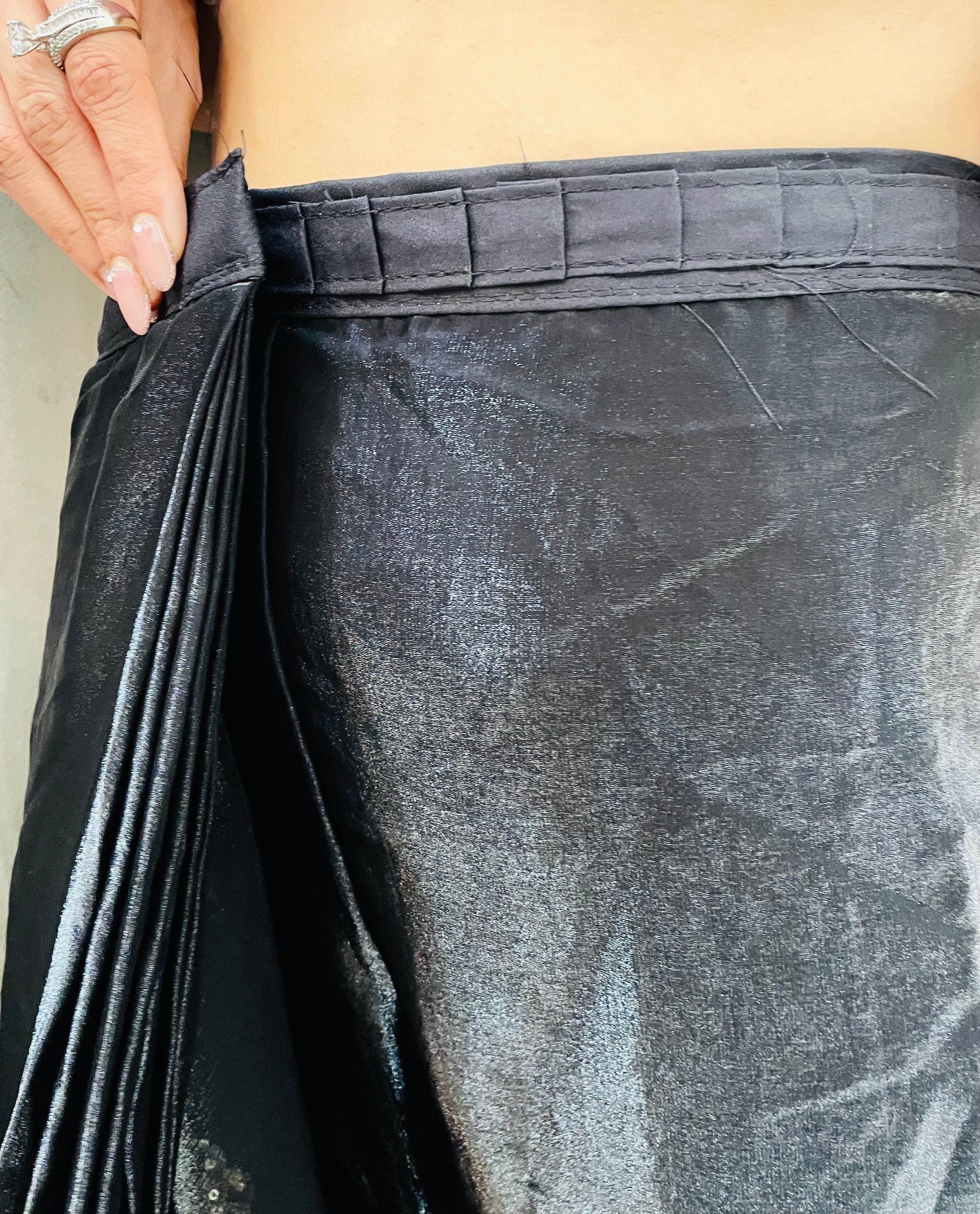 Black Ready To Wear Fendy Satin Saree Designed With Lace Border