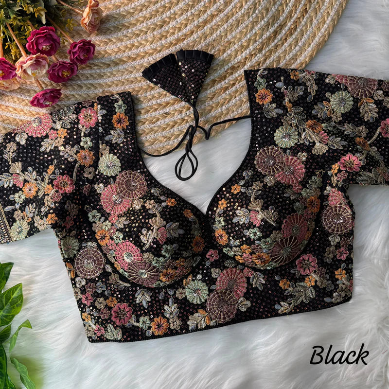Black Sabyasachi-Inspired Heavy Embroidered Faux Georgette Blouse with Sequin Work