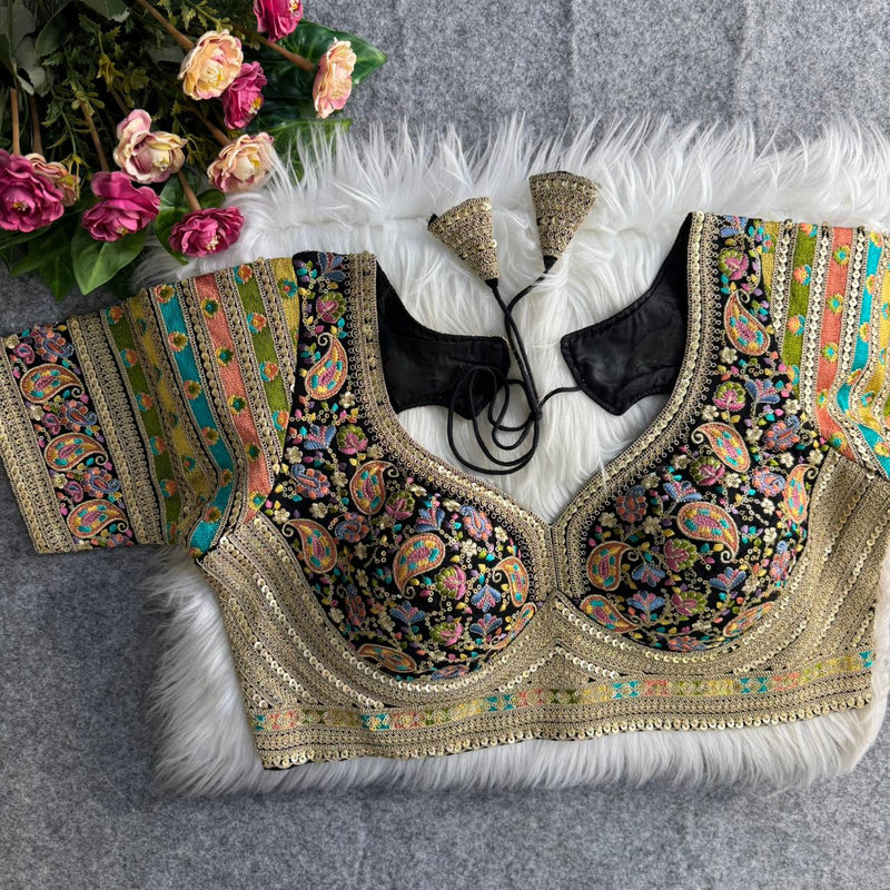 Black Sabyasachi Style Heavy Kashmiri Thread & Cording Work Fox Georgette Blouse for Women
