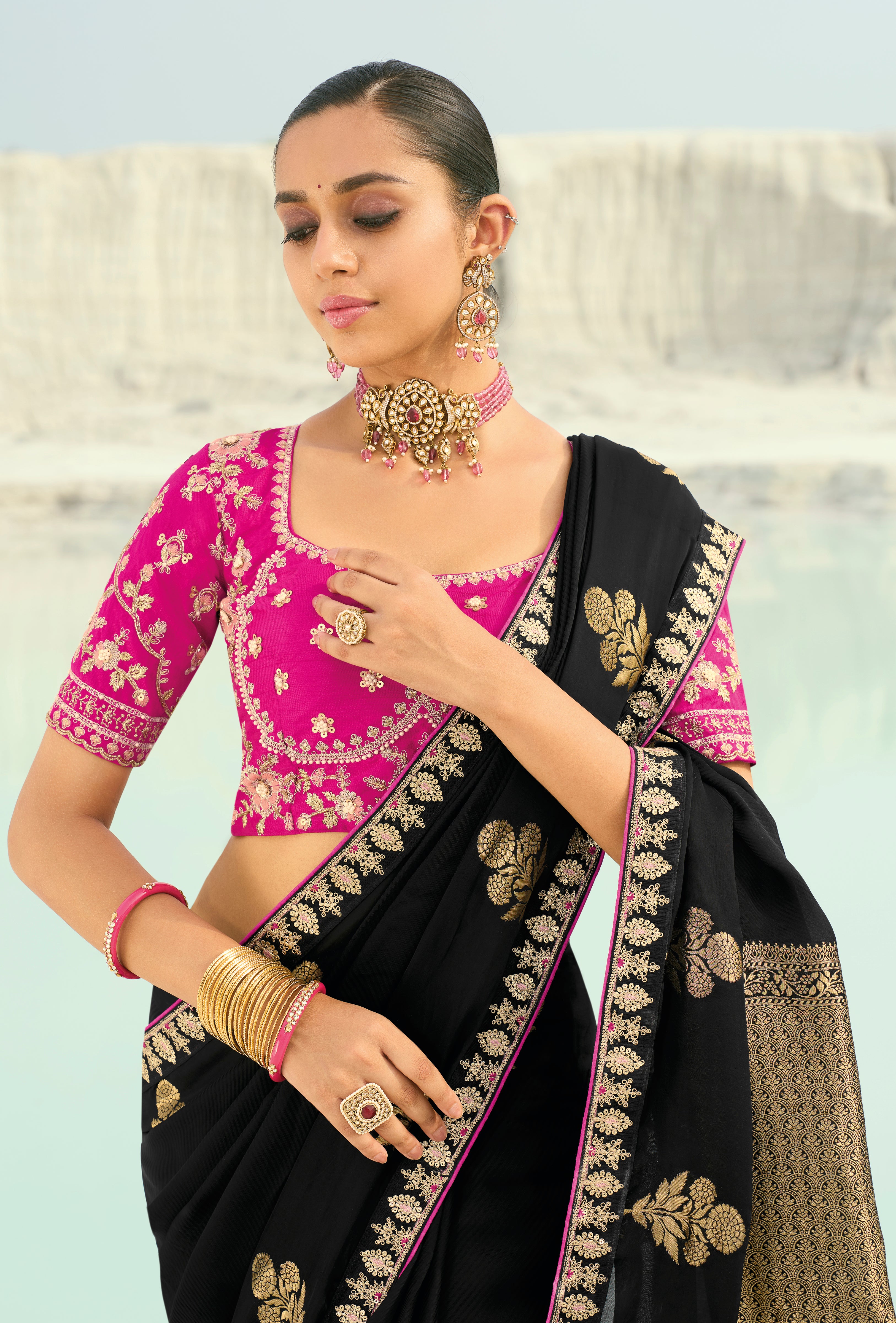 Black Saree With Coding Border With Cut-Dana, Moti Heavy Work Blouse