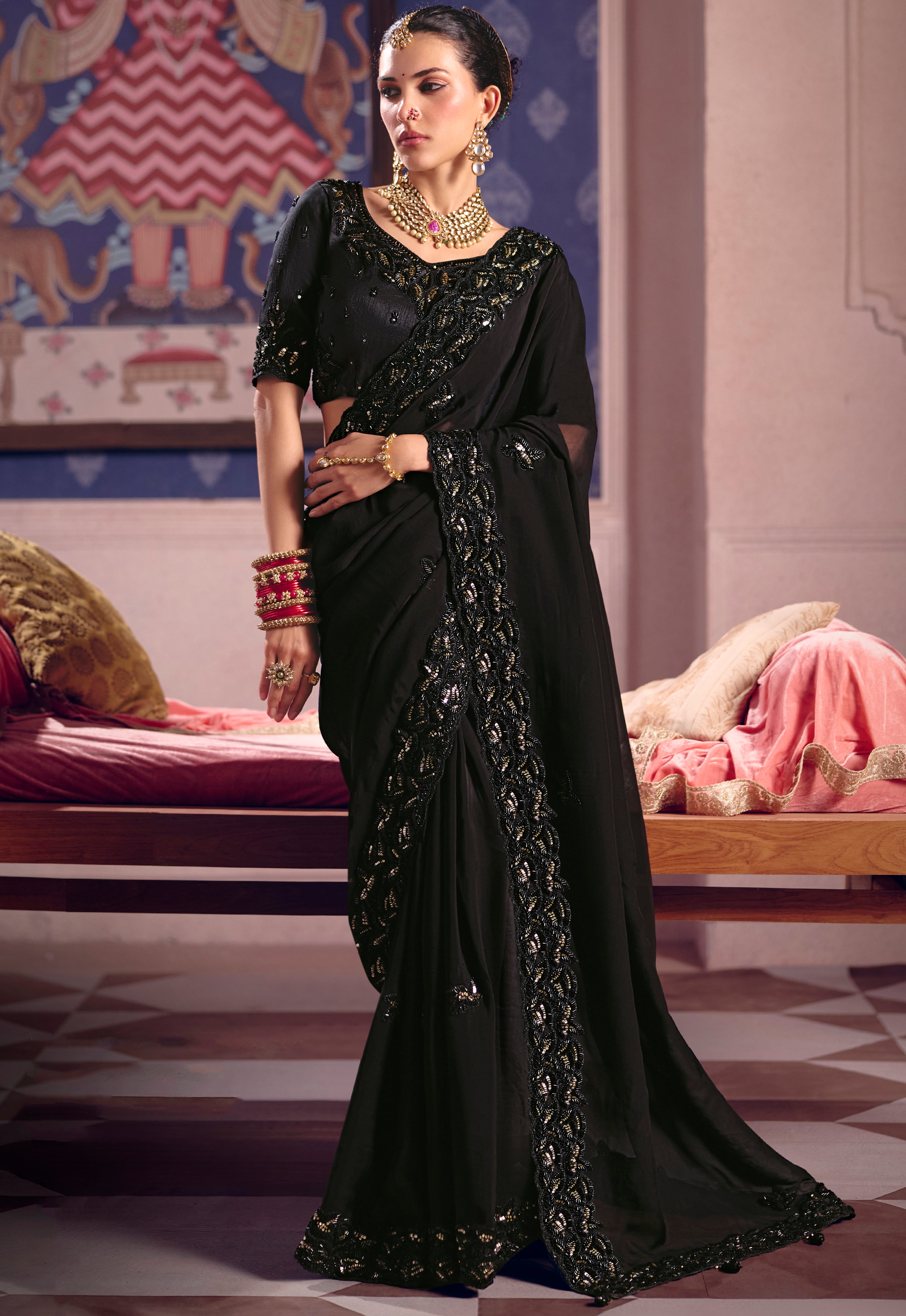 Black Saree With Heavy Embroidery, Beads With Sequince Work