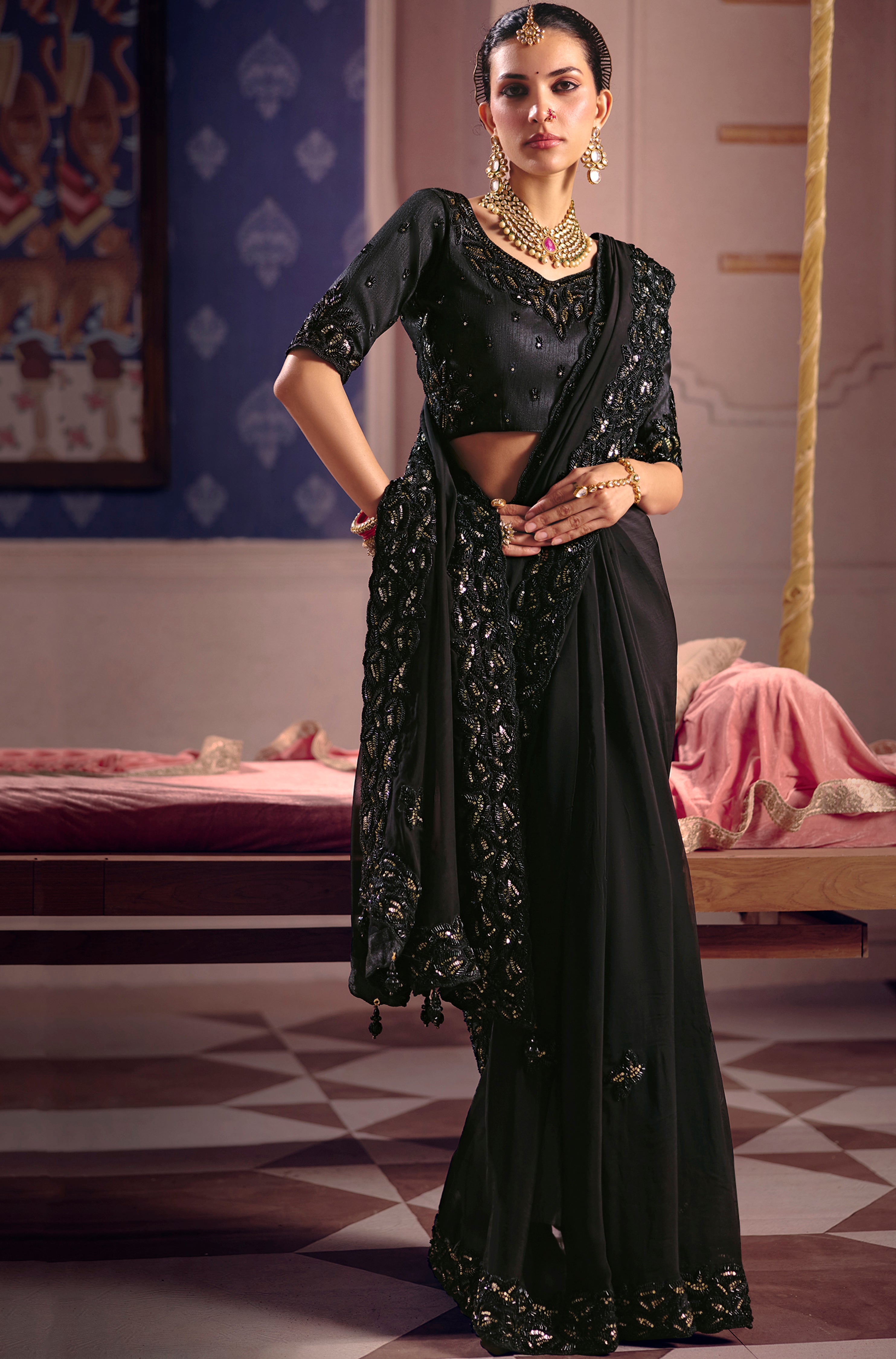 Black Saree With Heavy Embroidery, Beads With Sequince Work