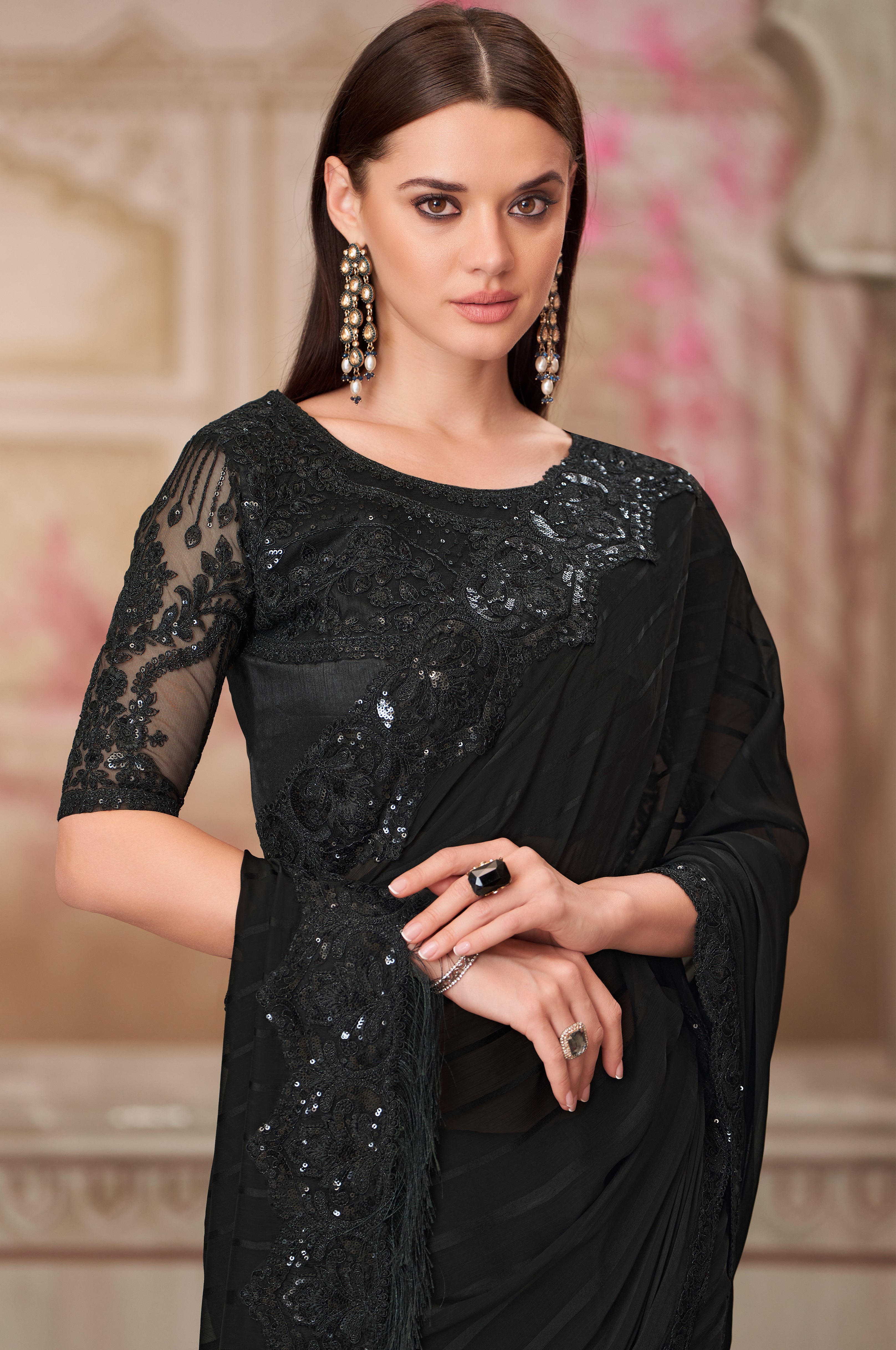 Black Saree With Heavy Thread Embroidery Sequins Border Work With Embroidery Blouse