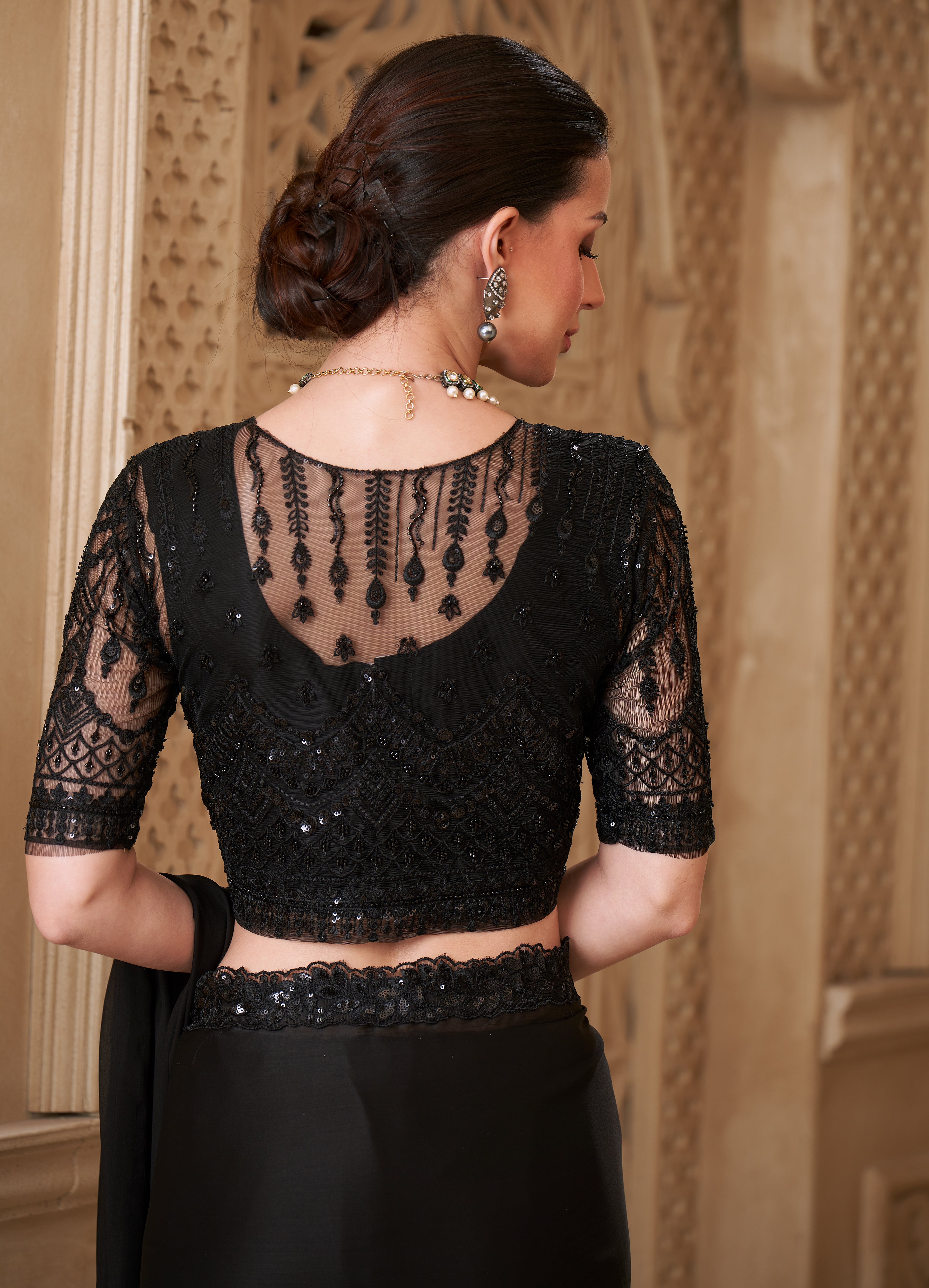Black Saree With Heavy Thread Embroidery Sequins Border Work With Embroidery Blouse Jacket