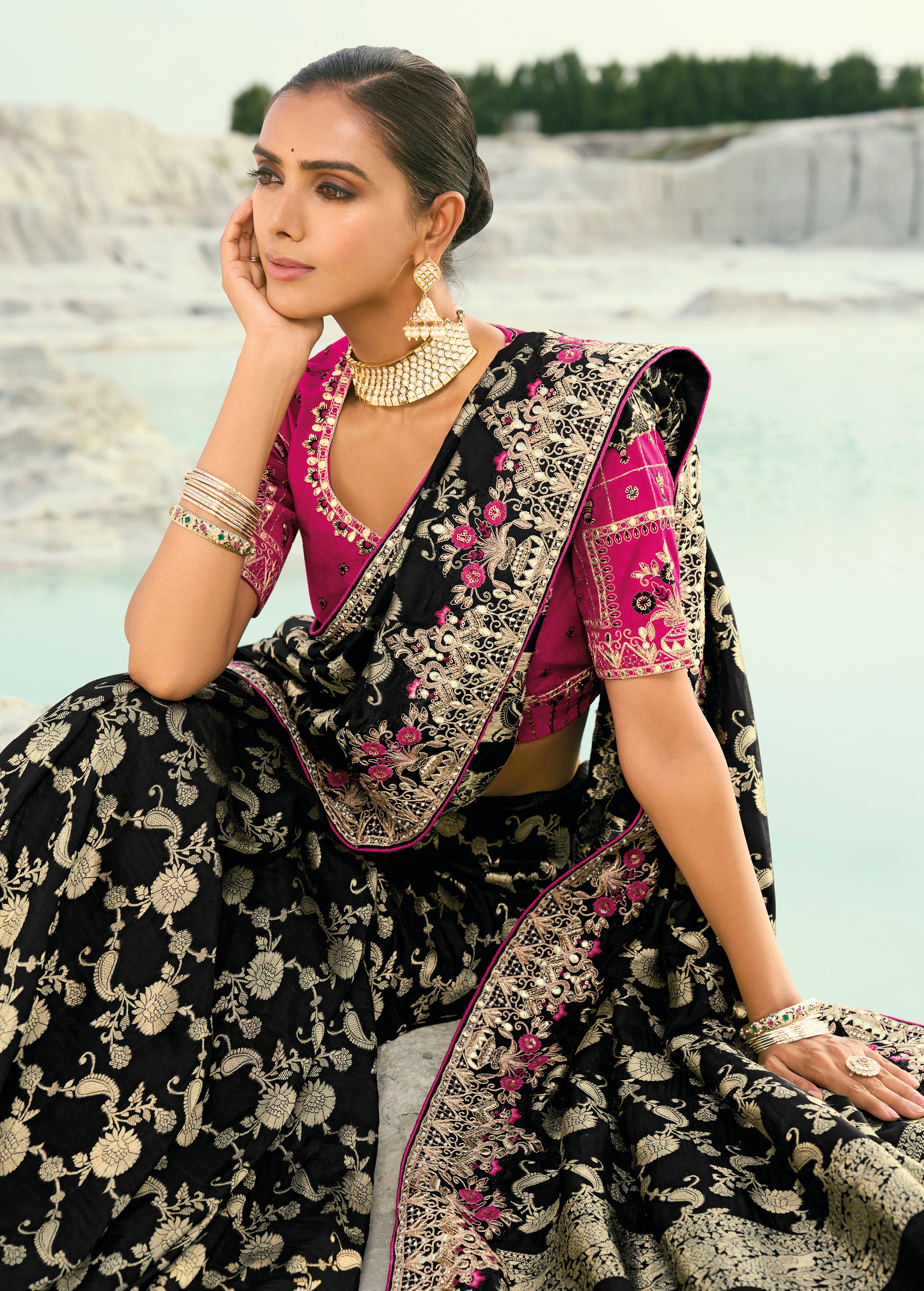 Black Saree With Jari, Thread, Moti With Cut-Dana Heavy Work